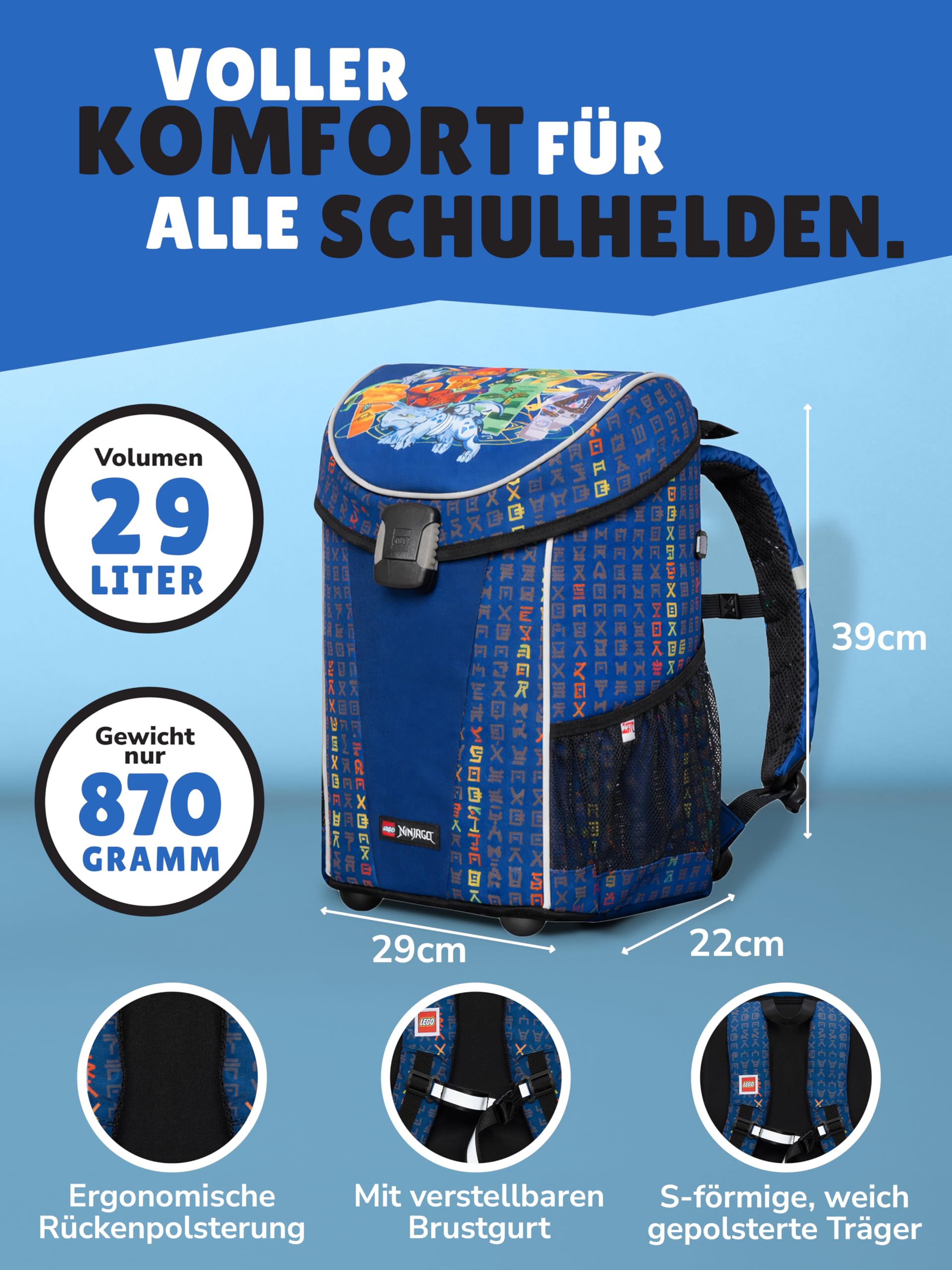 Familando - Schulranzen Set 10-teilig mit Schultüte - Ninjago Blau - Ergonomisch, stabil & mit gepolstertem Rücken - 870g leicht mit 29L Volumen - wasserabweisend und mit Reflektoren - Ab 1. Klasse