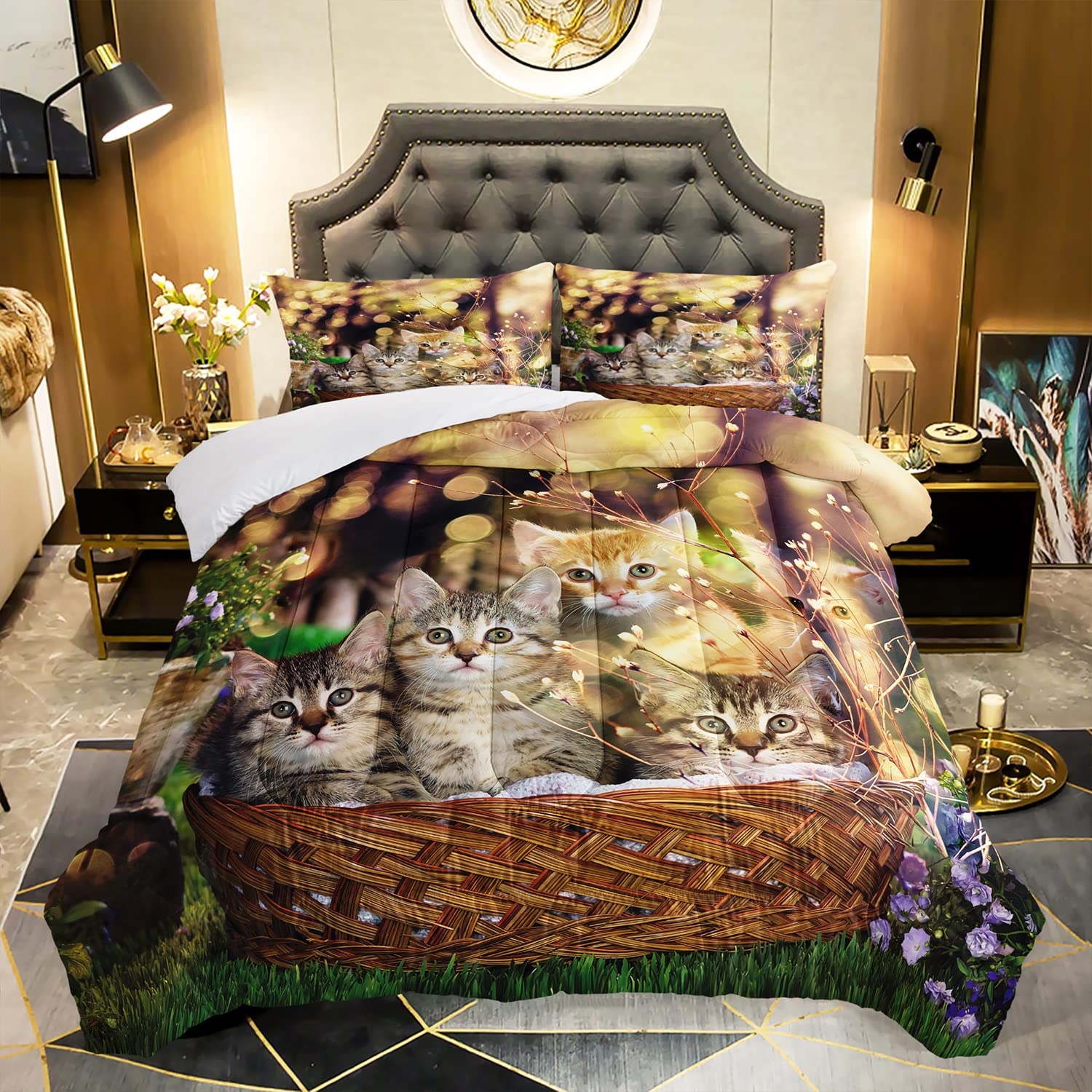 AILONEN Cat Comforter Set for Girls Kids Teens, 3D Printed Cat Bedding Set Queen Size,for Boys Animal Cat Printed Quilted Duvet,Cute Cat Quilt,Easy Care?1 Comforter 2 Pillowcases 3 Piece