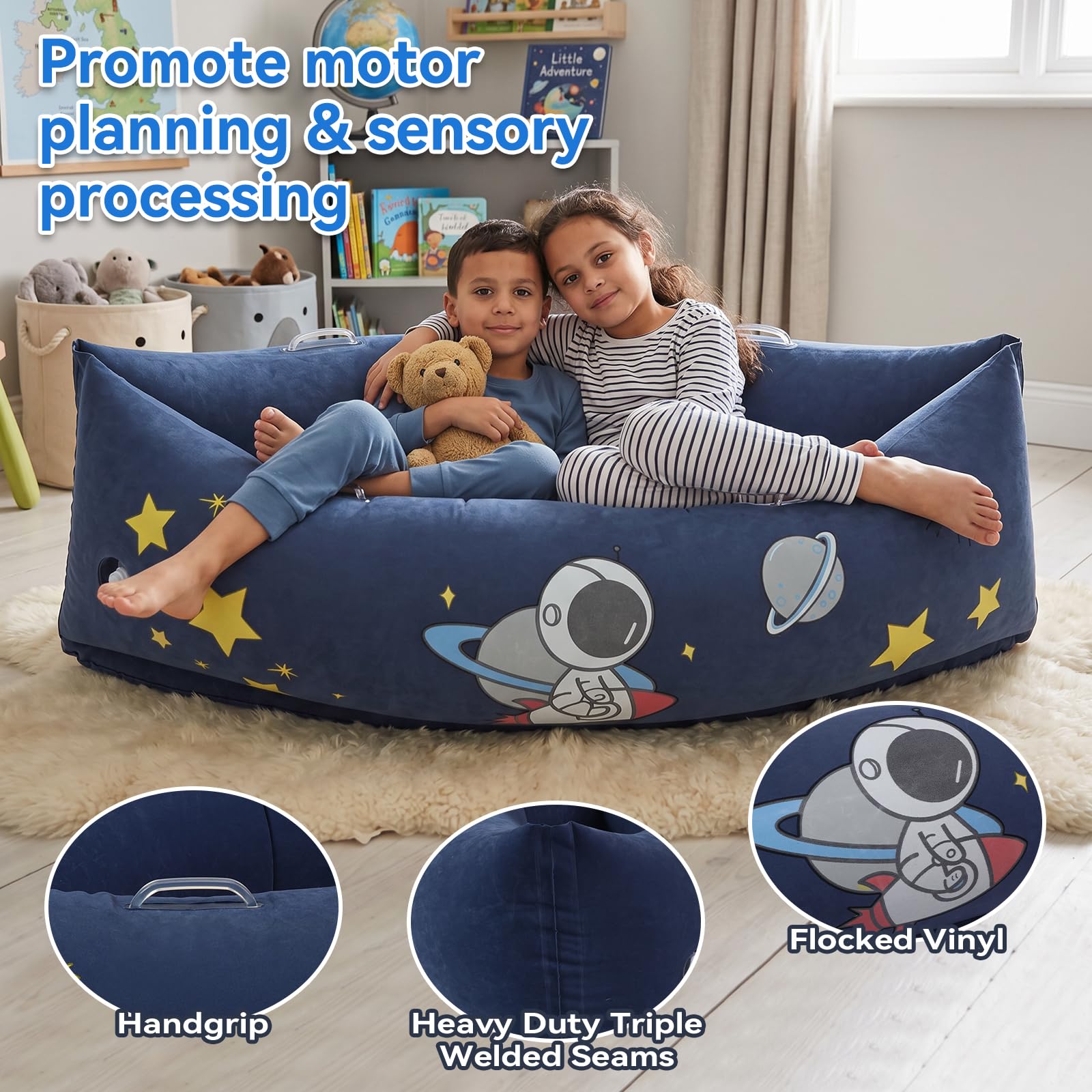 LOAOL Sedia sensoriale Peapod per autismo ADHD bambini: canoa sensoriale gonfiabile da 150 cm con motivo spaziale che si illumina al buio – Seduta calmante a pressione profonda per bambini in cerca