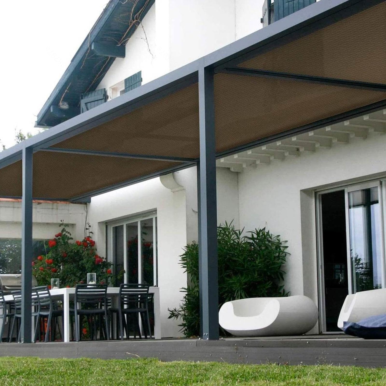 Tenda parasole impermeabile, protezione UV al 90%, copertura per la privacy, per balcone, terrazza, pergola e giardino, marrone, 5 x 7 m, baldacchino da esterno per un'ombra ottimale