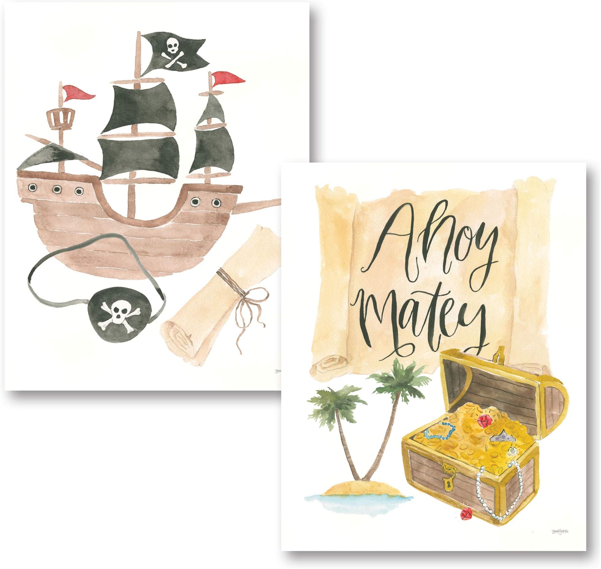 Watercolor Ahoy Matey! Pirate Art Set For Kids Ship, Scroll and Treasure Chest Set; Perfect for A Child's Room or Nursery; 2-11x14" Paper Poster