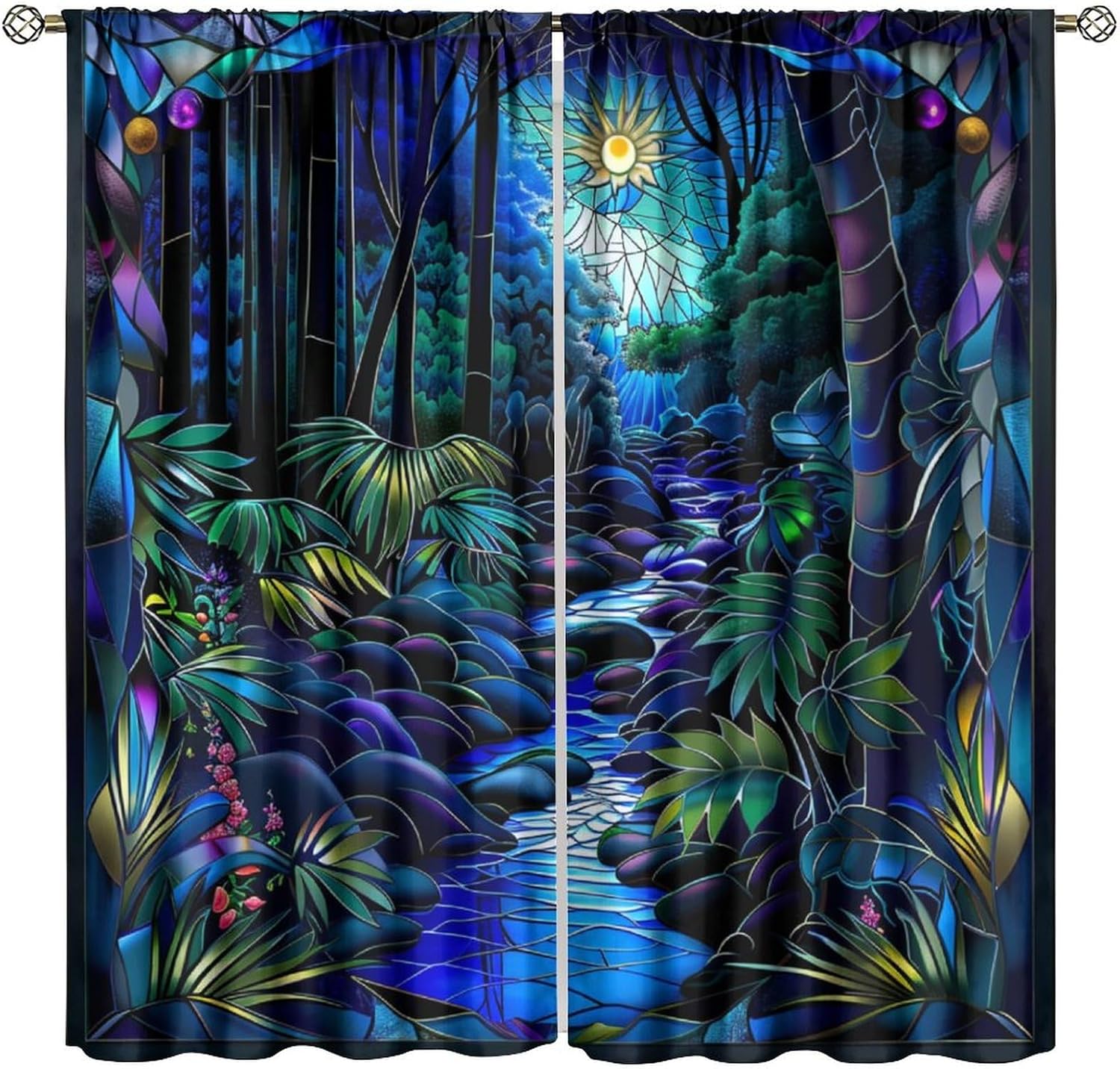 Stained Glass Blackout Curtains, Vintage Art Nature Scenery Rural Farmhouse Art Window Drapes, for Living Room Bedroom 55" W X 63" L