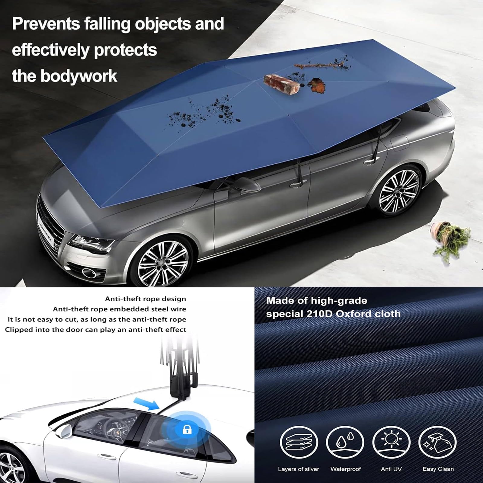 Ombrellone Automatico Carport Pieghevole Mobile, Tenda Parasole Automatica Pieghevole Tetto Auto, Ombrello Copri Auto Completamente Automatico, Tessuto Oxford, Auto Tutte Stagioni Blue-5.2*2.3m