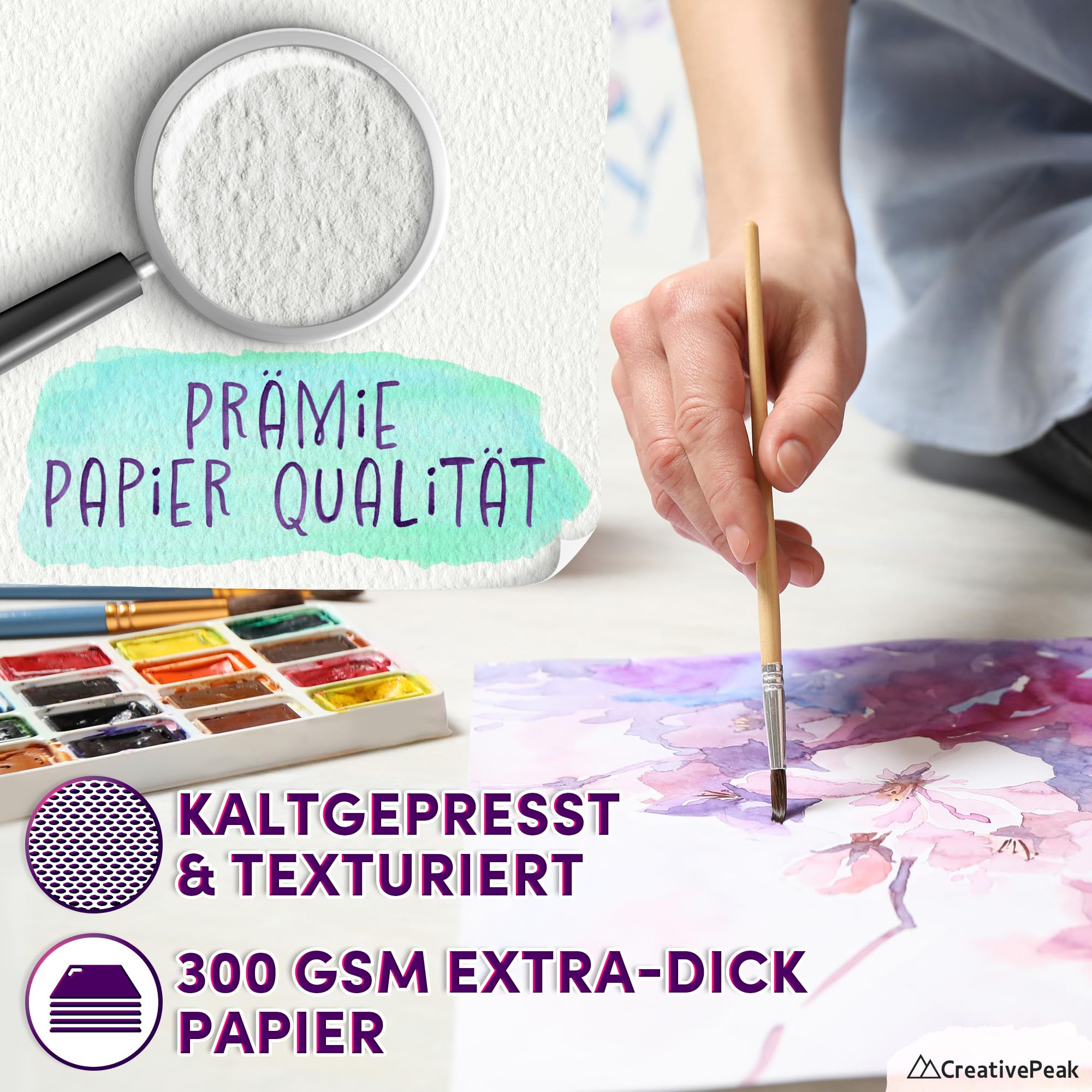 Aquarellpapier-Malblock (96 Blatt, A5-Format (14,8 x 21 cm), 3er-Pack) – Premium 300 g/m² dickes, professionelles Mixed-Media-Skizzenbuch – von CreativePeak