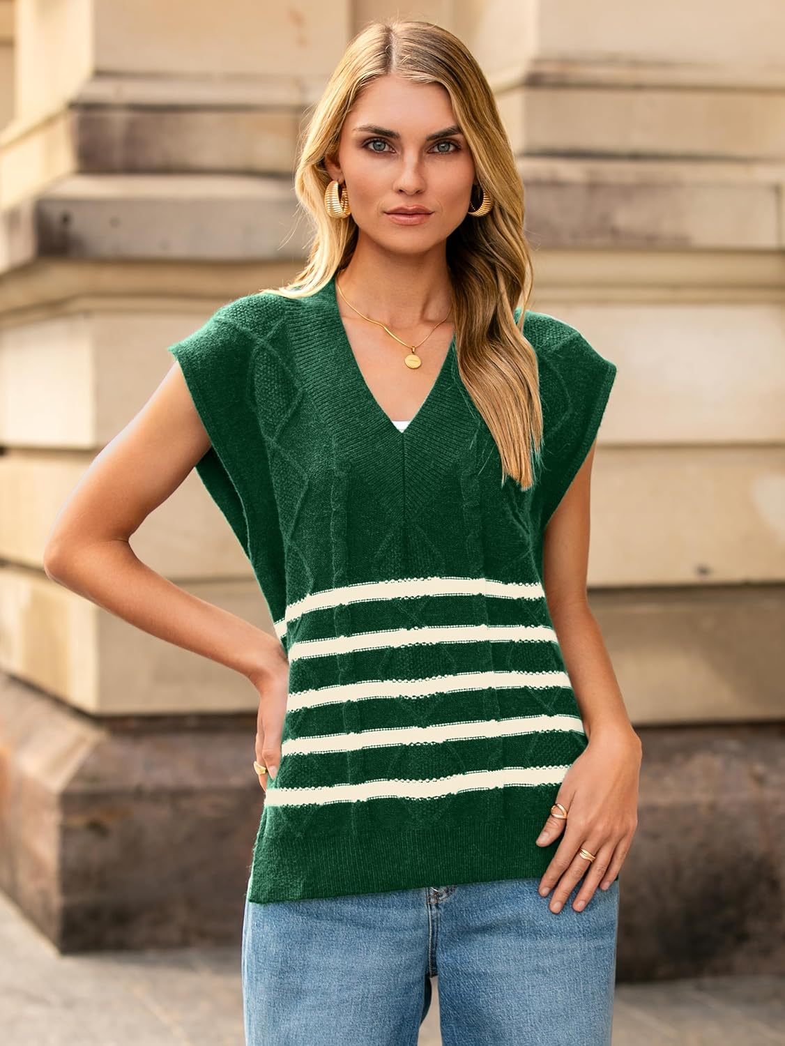 Glamaker Women Striped Sweater Vest Sleeveless V Neck Knit Oversized Casual Cap Sleeve Fall Tops 2025 Trendy - Image 2
