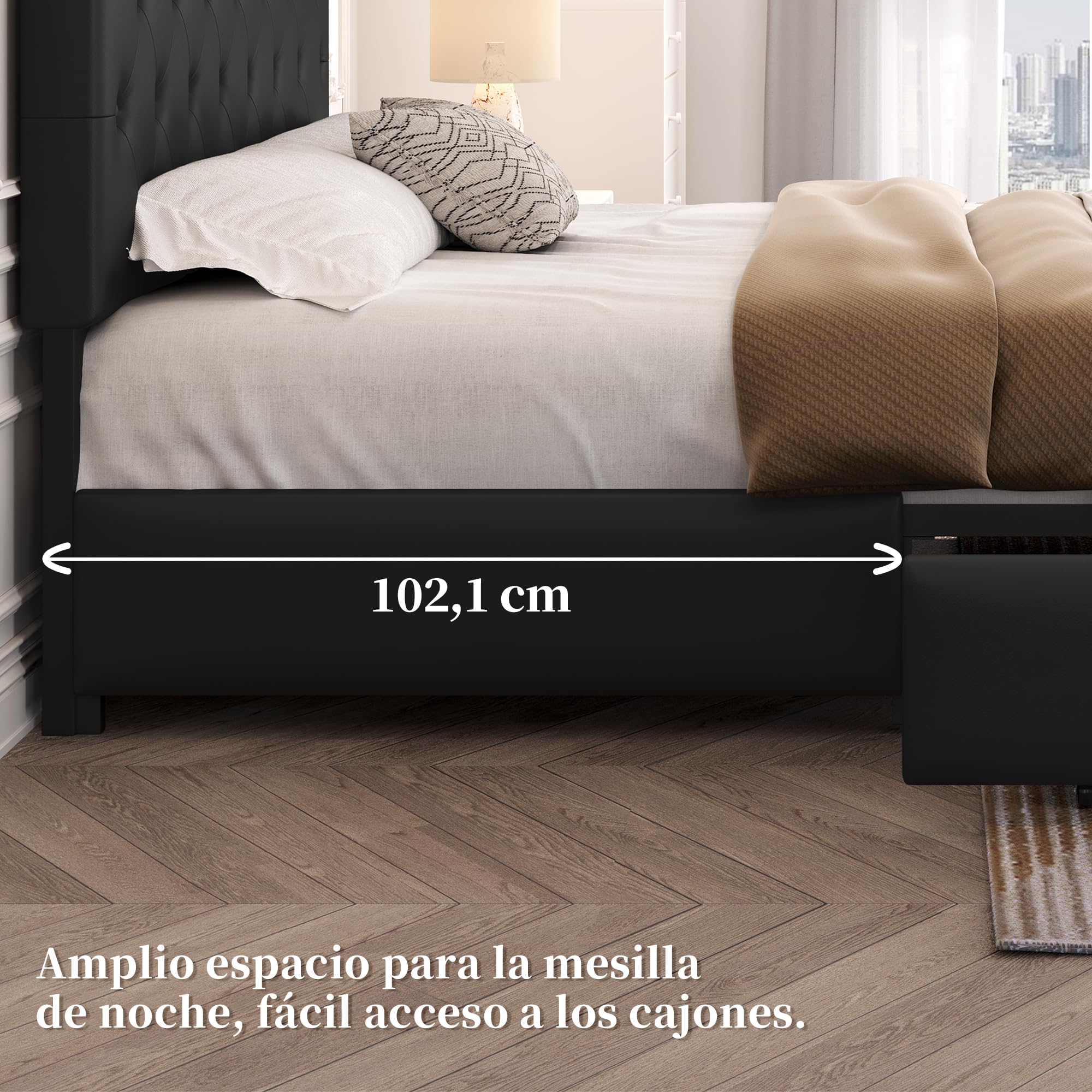 Yaheetech Cama Tapizado con Cabecero Ajustable en Altura 2 Cajones con Ruedas Espacio de Almacenamiento Cama Doble Matrimonial 160 x 200 cm Negro
