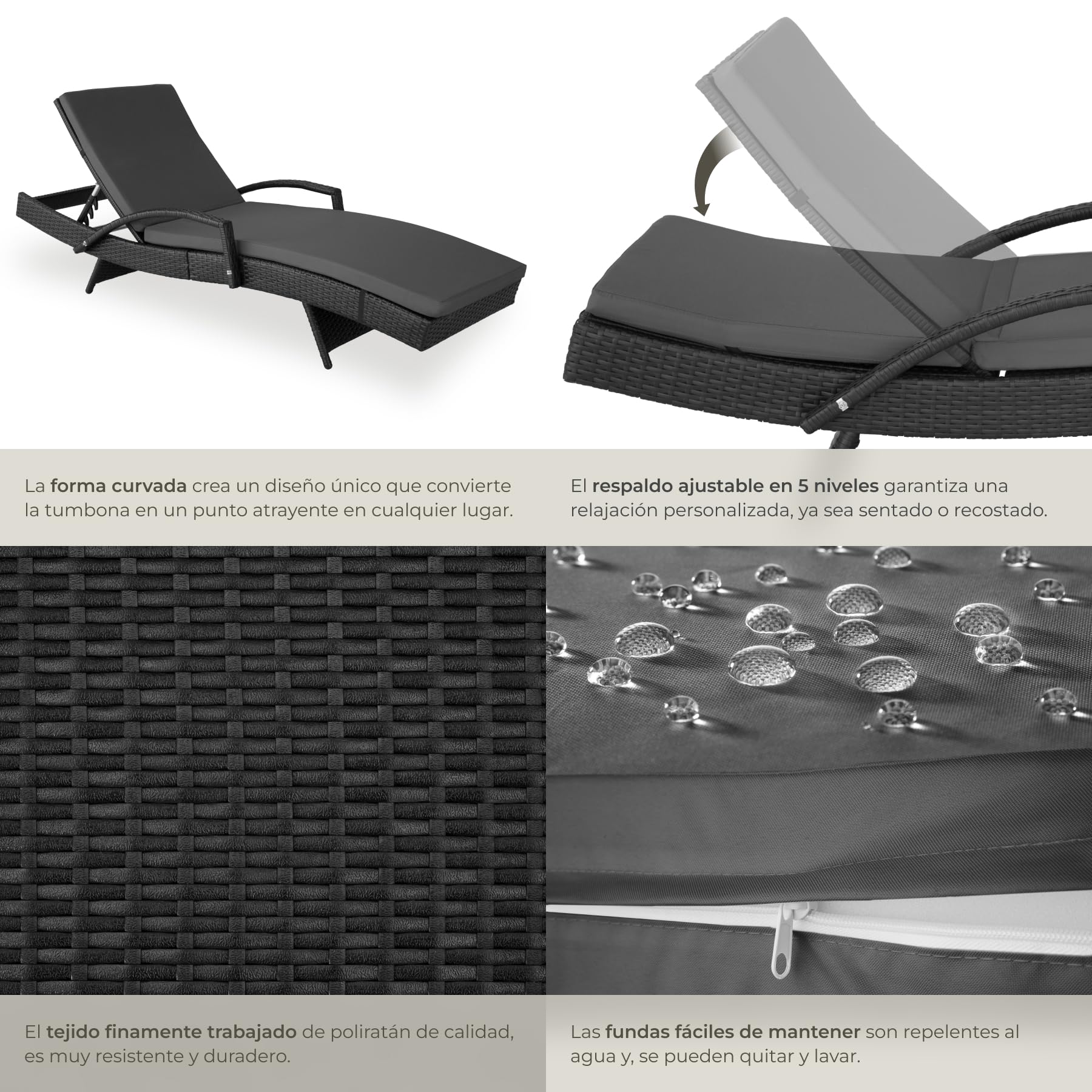 tectake® Tumbona Jardín Exterior de Ratán y Aluminio, Tumbona de Piscina con Respaldo Regulable en 5 Posiciones, Tumbona de Playa Impermeble y Resistente a Intemperie, Fácil Limpieza - Negro