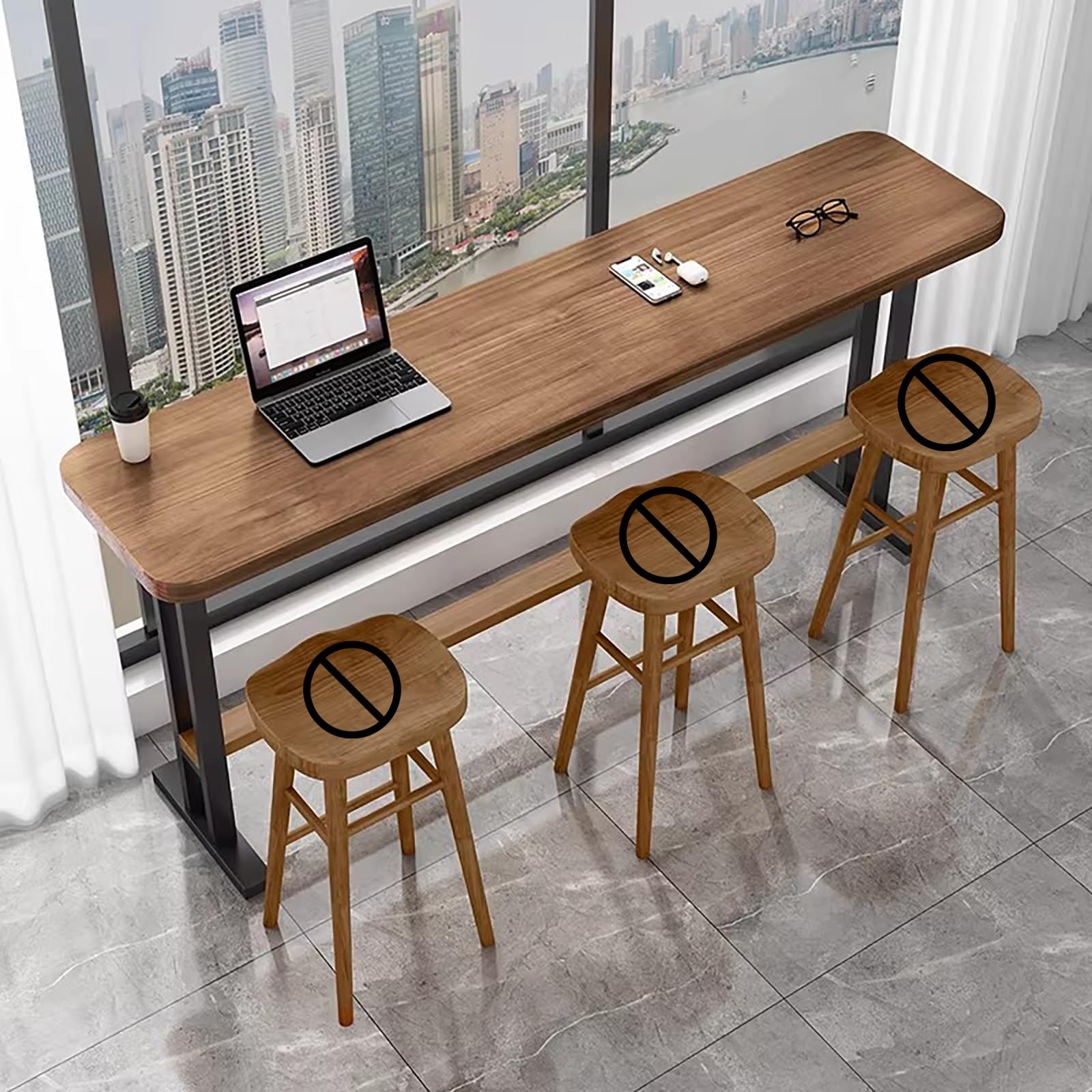 Table de bar étroite et longue noyer 100x40x105cm avec pieds en fer forgé