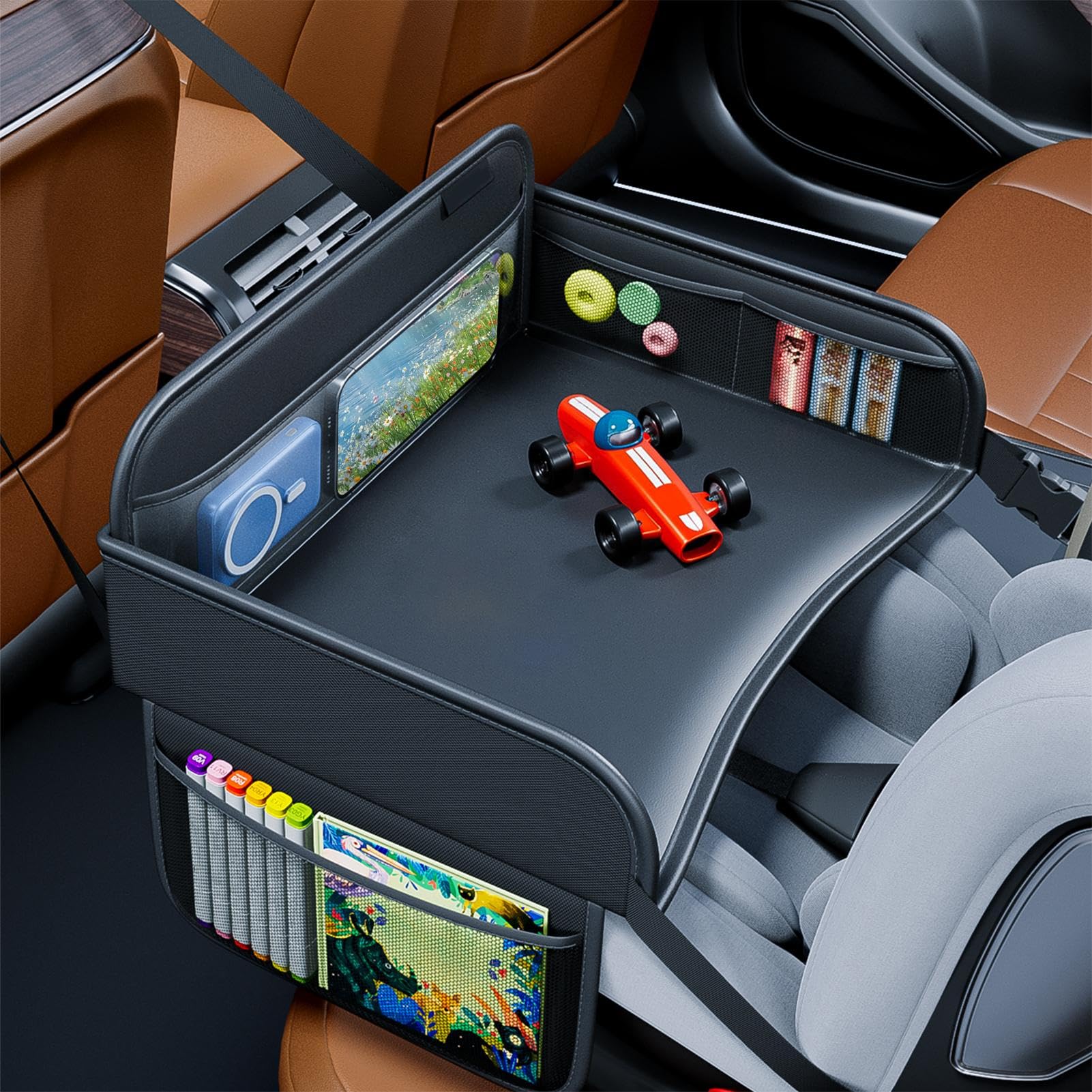Kids Travel Tray, PU Leather Car Seat Tray, Desk Organizer Lap Table Stand Holder for Tablet, Laptop, Cup, Snack, Airplane, Bed, Carseat, Home