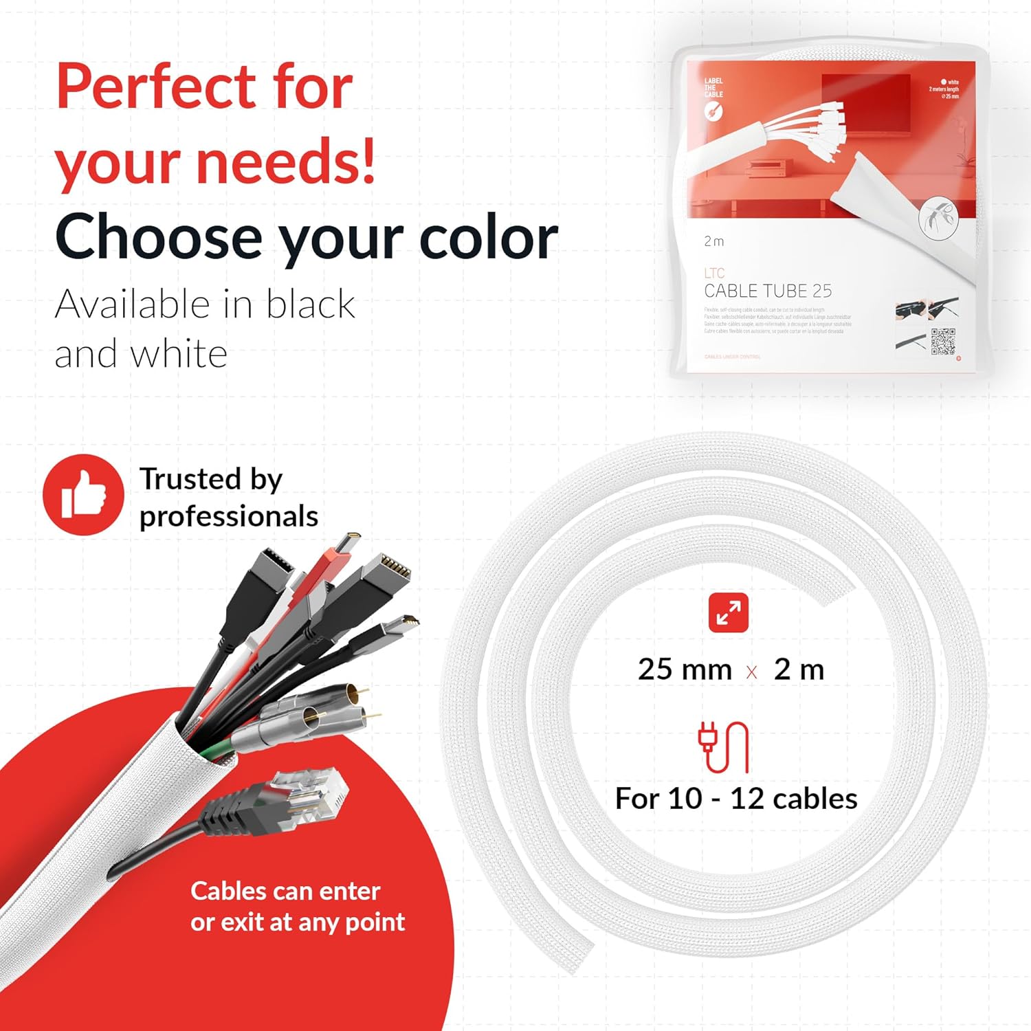 Cable Tube – Self-Closing & cuttable Cable Sleeve – Flexible Cable Channel for Cable Management at desks, PCs, TVs, etc. – Temperature, fire & UV Resistant Cable Protection (Weiß, ∅ 25 mm, 6,56 ft)