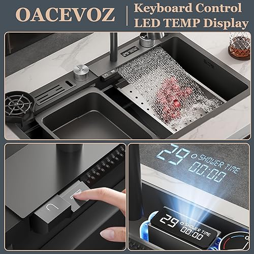 Miniatura 2 de Fregadero de cocina en cascada de acero inoxidable de 31.5 pulgadas, fregadero de cocina de granja con pantalla LED de temperatura y grifo
