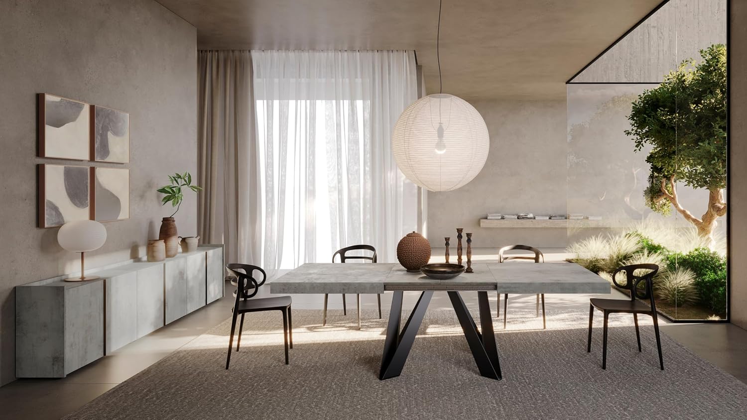 Mobili Fiver, Romina Extendable Table 63(94.5) x35.4 in, Concrete Grey Effect with Black Iron Legs, for 6-10 People, Expandable Dining Table for Kitchen, Living Room, Italian Furniture