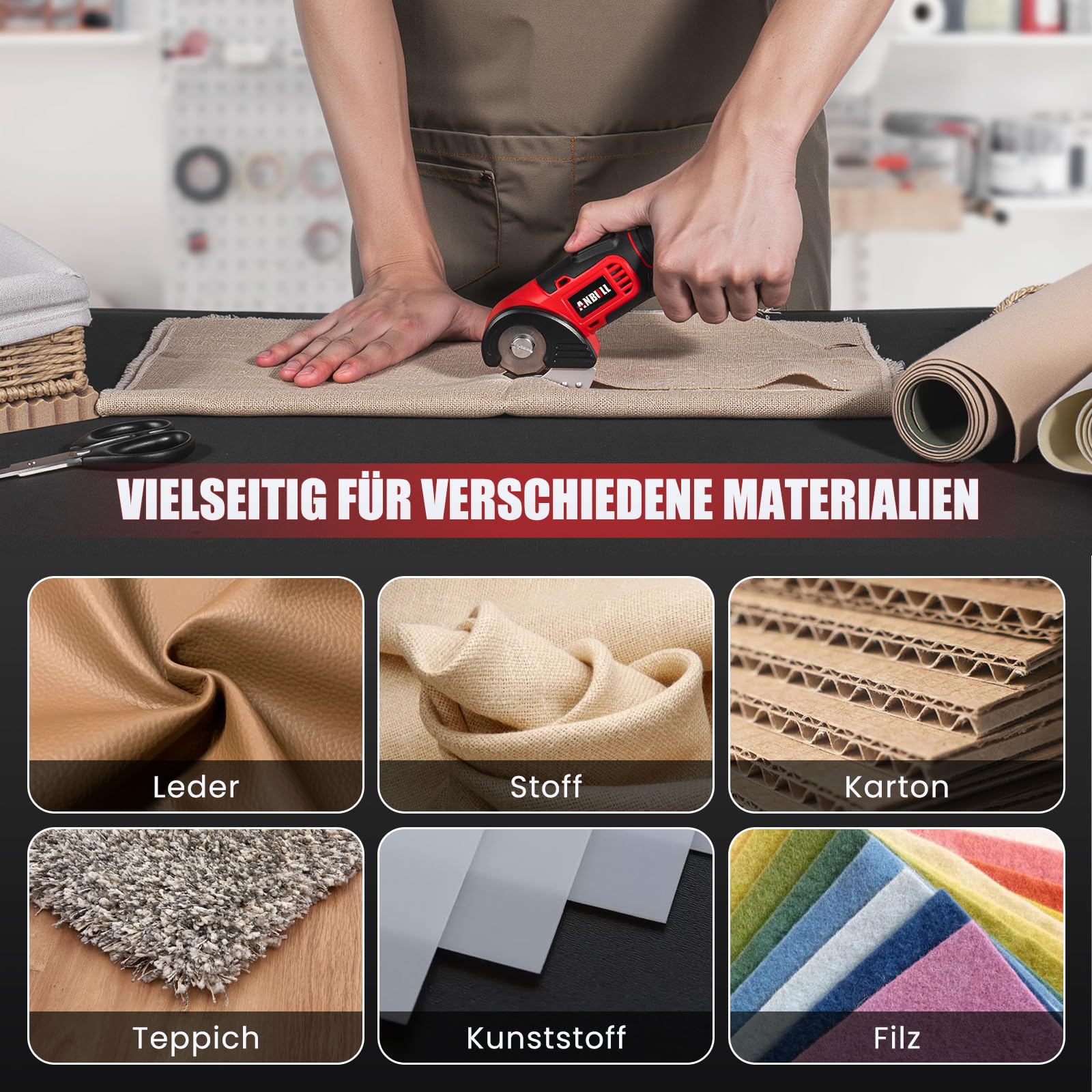 Anbull Kartonschneider Elektrische Schere 4V Kabellose Rollschneider Akku, Elektrische Stoffschere für Stoffe & Nähen, USB aufladbar, für Leder, Karton, Kunststoff, leicht, sicher, DIY