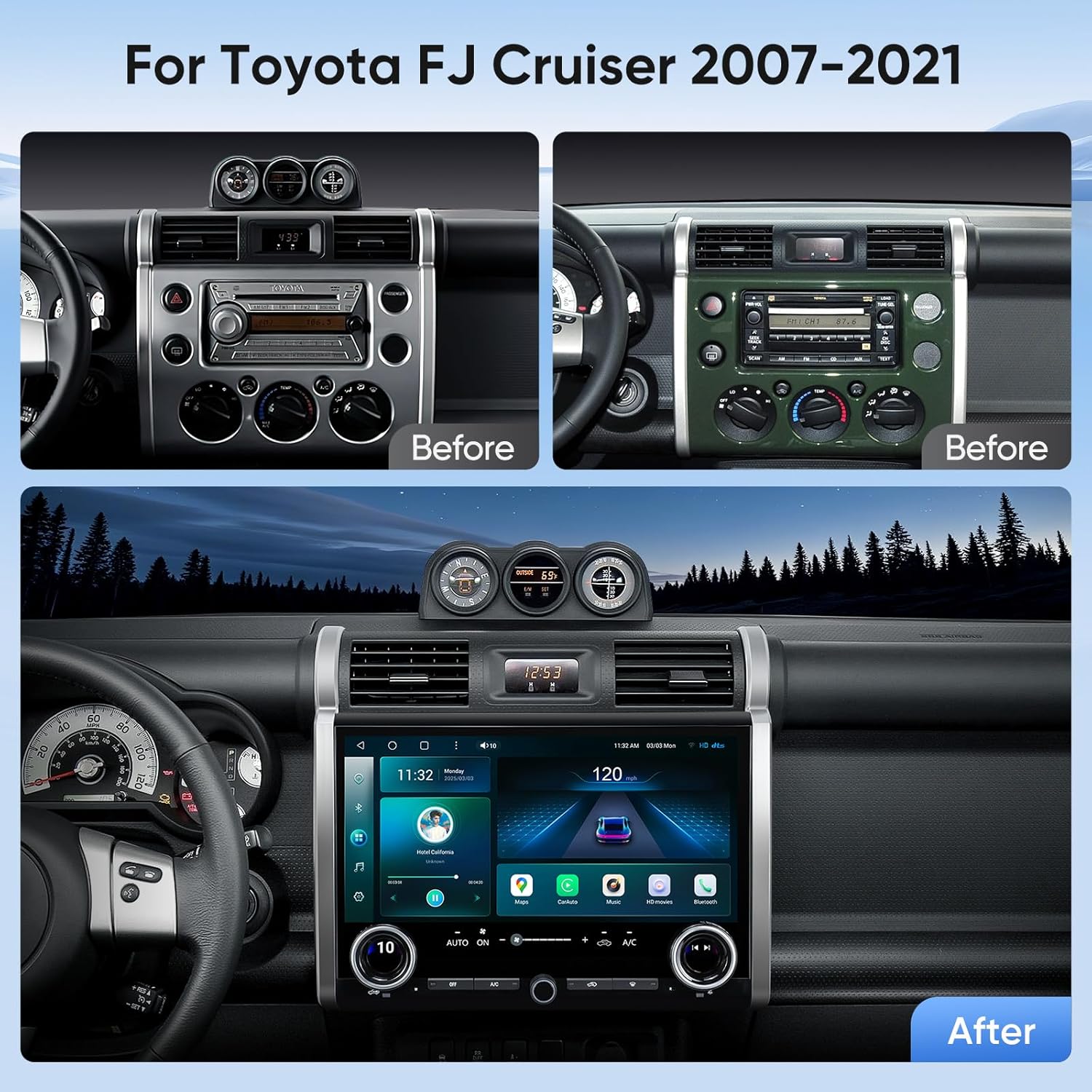Before and after images of a Toyota FJ Cruiser dashboard with the original stereo and then the new 15-inch AINAVI stereo installed.