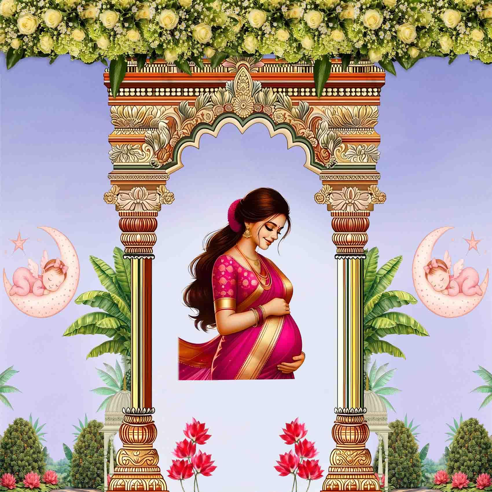 गोद भराई पूजा का बैकड्रॉप | Baby Shower Pooja Backdrop | Size 8ft x 8ft | | South Indian Mandapam Alankaram Theme, Divine Motherhood Celebration Backdrop | HD Printed Polyester Cloth |-image-22