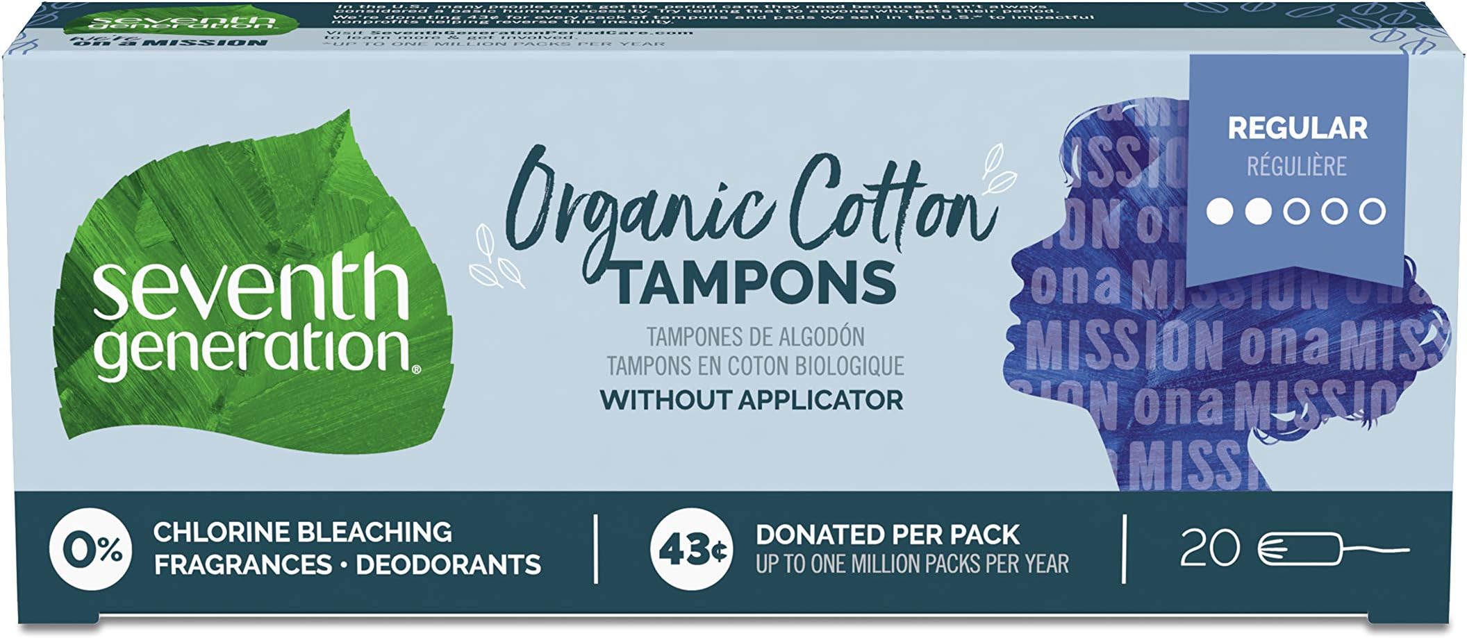 Seventh Generation Tampons, Non-Applicator, Organic Cotton, Regular Absorbency, 20 count, 12 Pack (Packaging May Vary)