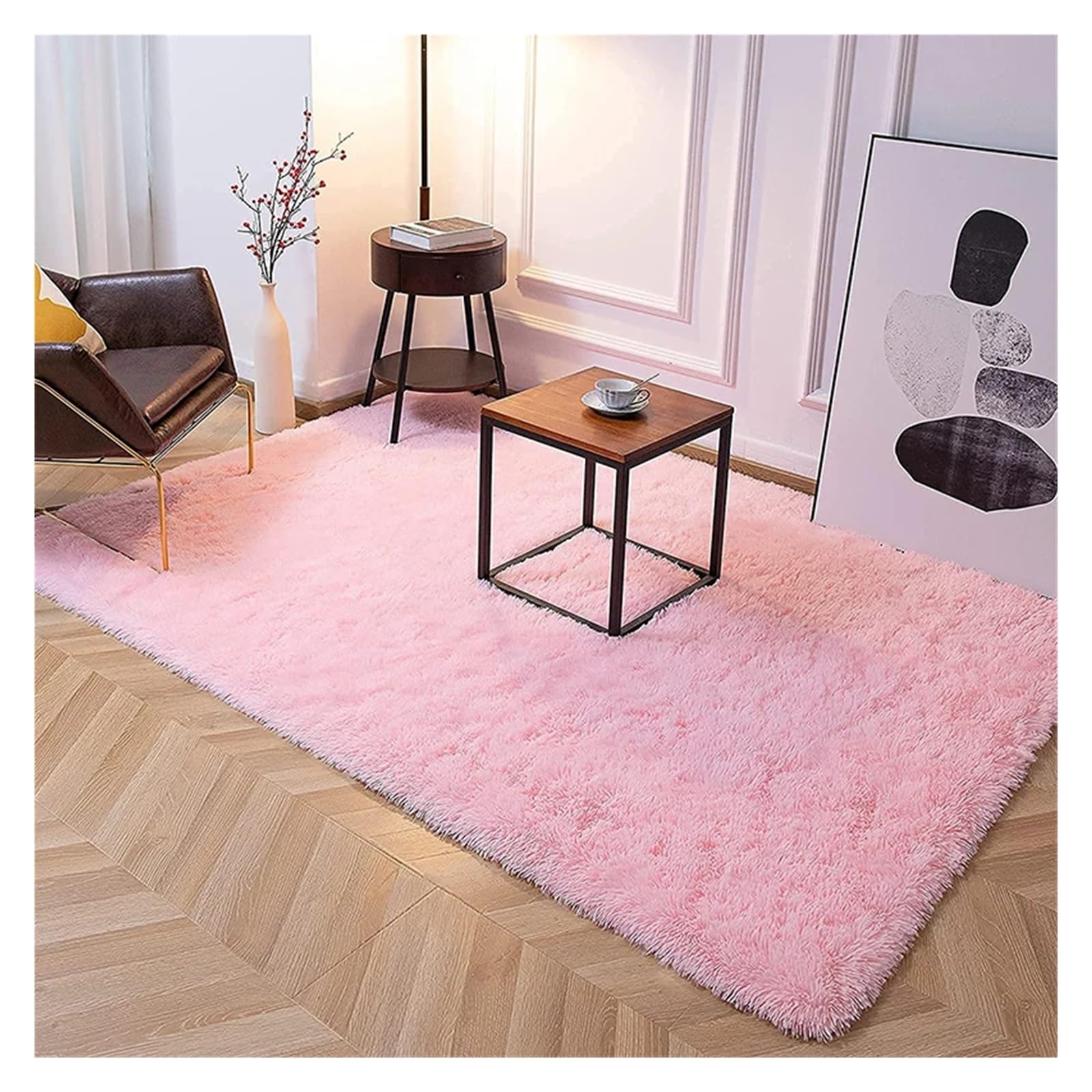 Tapis en peluche rose clair pour chambre avec envers antidérapant