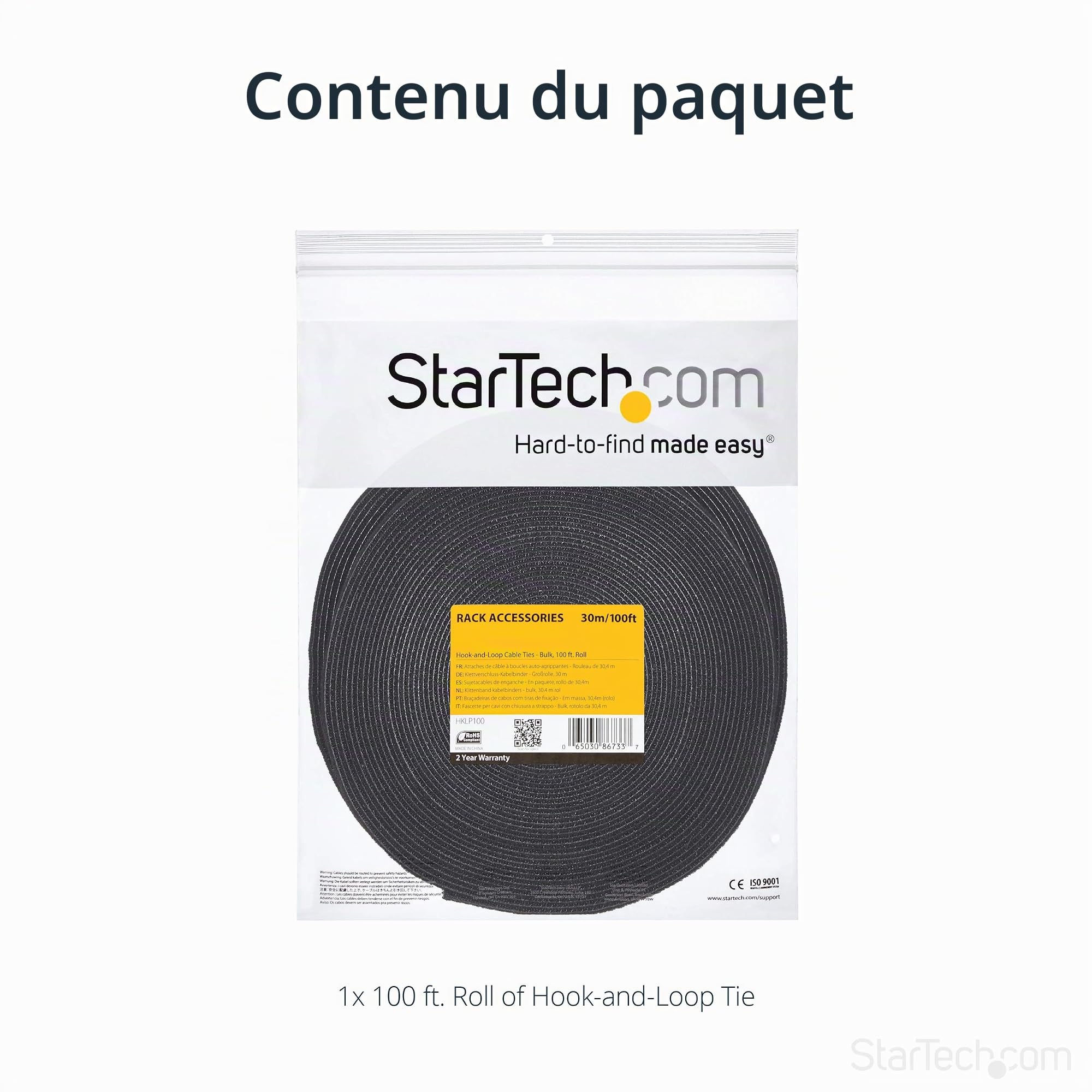 StarTech.com Attaches de câble à boucles auto-agrippantes en vrac - Rouleau de 30,4 m - Sangle pour câbles sur mesure - Noir (HKLP100)