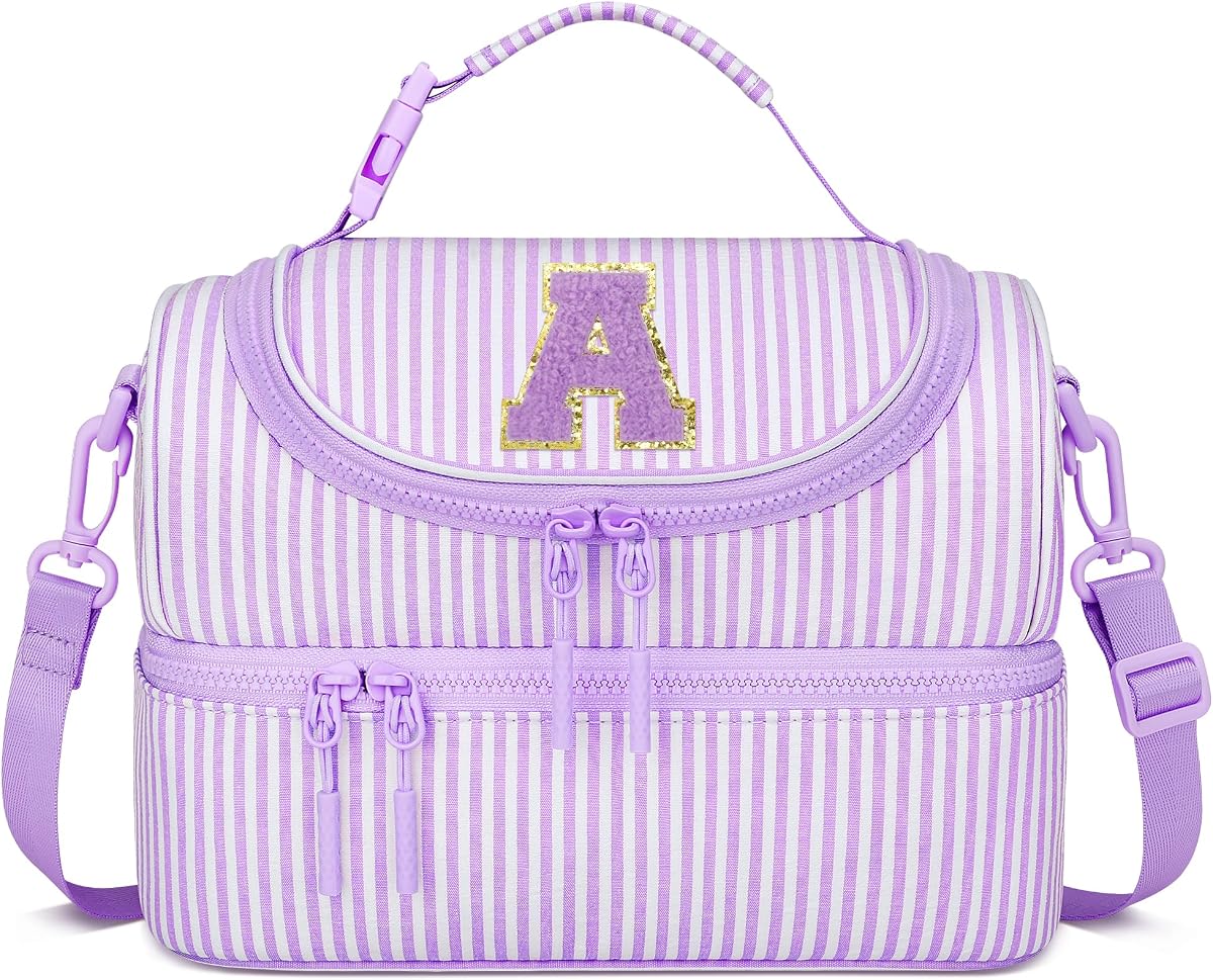 CLOUDWINDS Kids Double Decker Lunch Bag for Girls - Personalized Initial Insulated Cooler Lunch Box