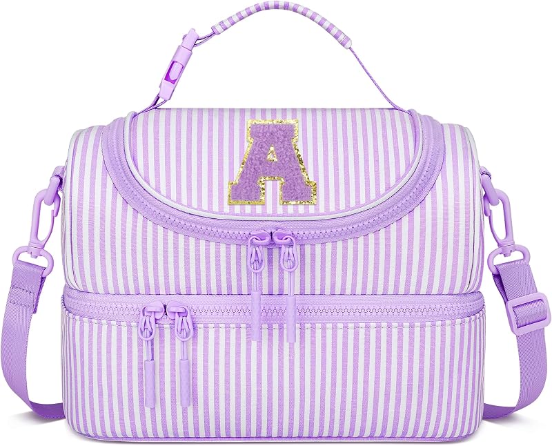 CLOUDWINDS Kids Double Decker Lunch Bag for Girls - Personalized Initial Insulated Cooler Lunch Box