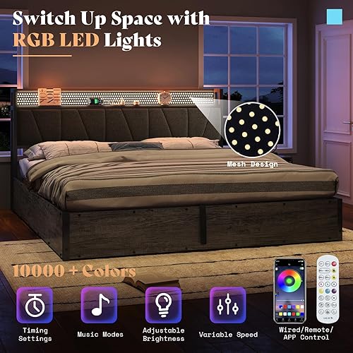 Miniatura 3 de AMERLIFE Marco de cama elevable tamaño King con tapizado de lino, luz LED y cabecera de almacenamiento, base de cama de plataforma con estación de