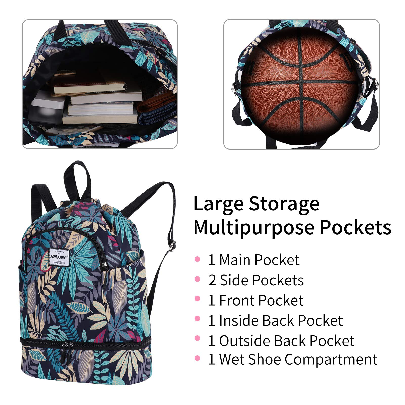 HAWEE Étanche Sac à Dos à Cordon Grand Sacs de Sport à Cordon de Serrage Sac à Dos Unisexe pour Femme Hommes Voyage Vie Quotidienne Plein Air Yoga Natation Plage, L, Feuille D'érable Bleue - 4