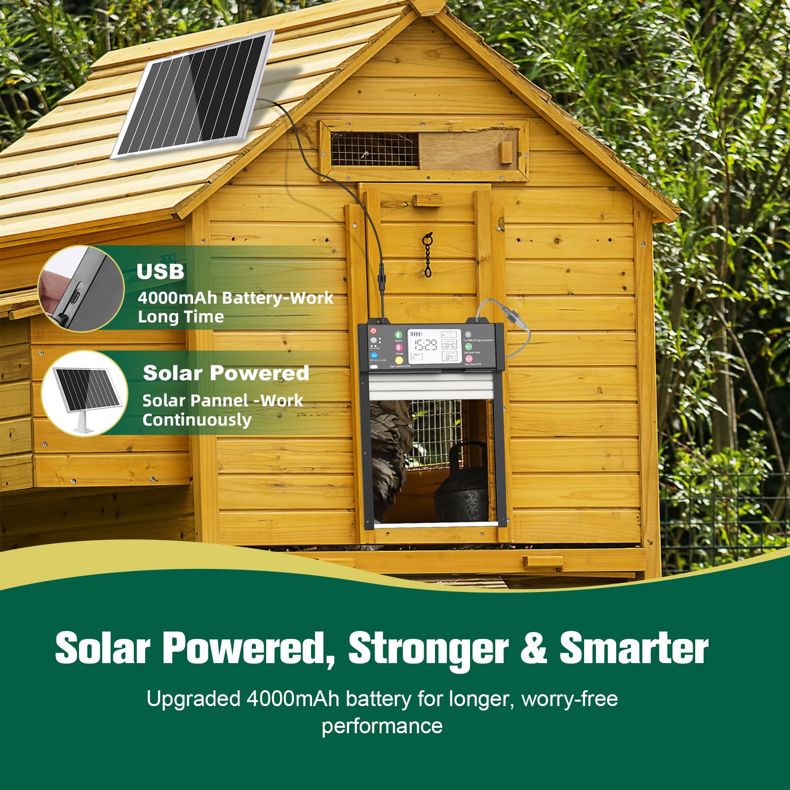 Puerta de pollo automática solar con aplicación, controlador, estado de puerta en tiempo real, puerta eléctrica automática con temporizador sensor de luz, mando a distancia