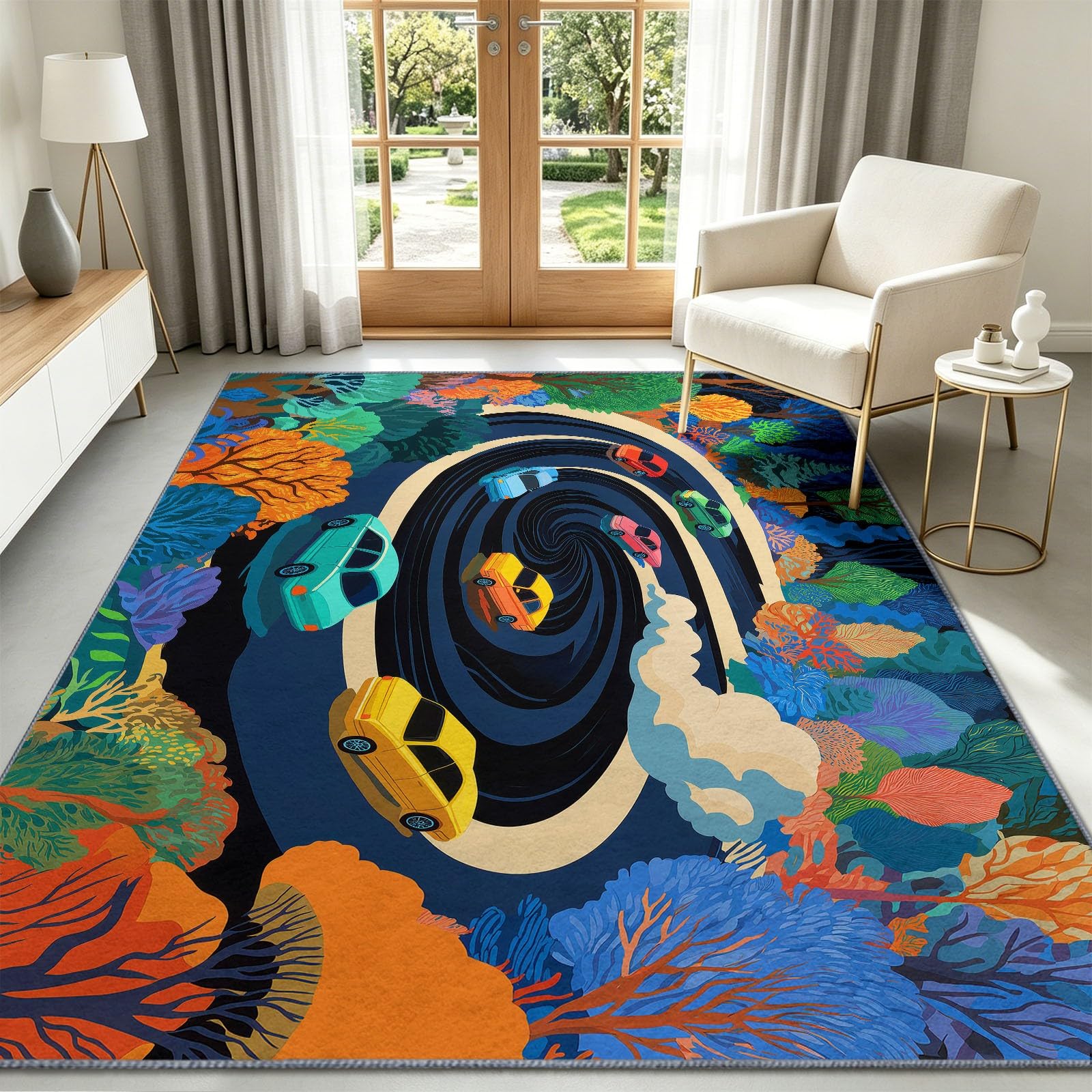 Fun - Alfombra antideslizante de dibujos animados para sala de estar, 80 x 150 cm, alfombra de suelo para coche, lavable, alfombra de pelo bajo para sala de estar, dormitorio, comedor