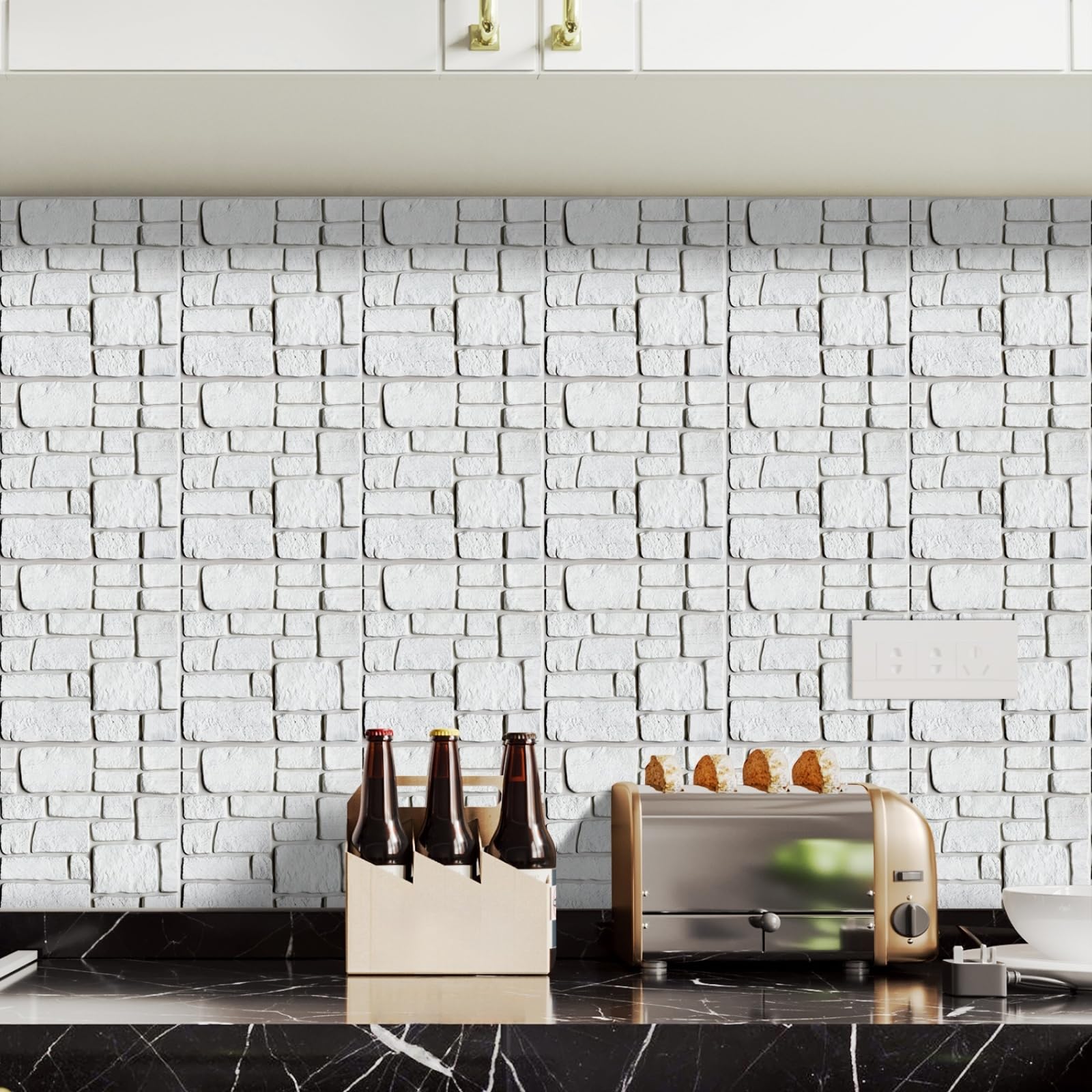 Stick on Tiles Grey White Brick Tile Stickers for Bathroom Kitchen Backsplash Waterproof Tile Covers for Fireplace Surround Cabinet Furniture Stick on Kitchen Tiles 20x20 cm/10 pcs