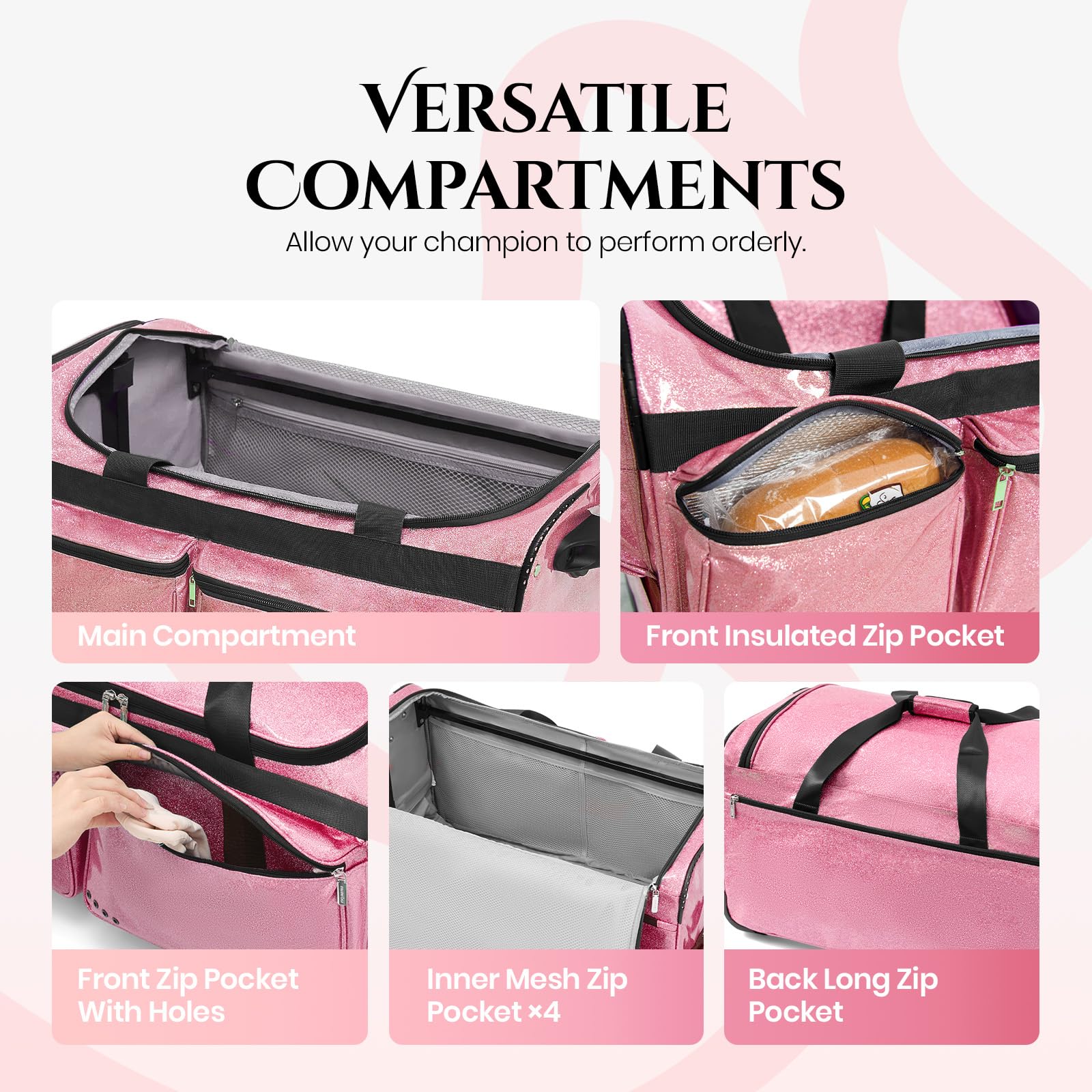 Fanwoli Tanztasche mit Kleiderständer, 58,4 cm, glitzernder, wasserdichter Stoff und verbessertes stabiles System, Shine-Bright Kollektion, ideale Wettkampftasche für Tänzer, Athleten, Cheerleader