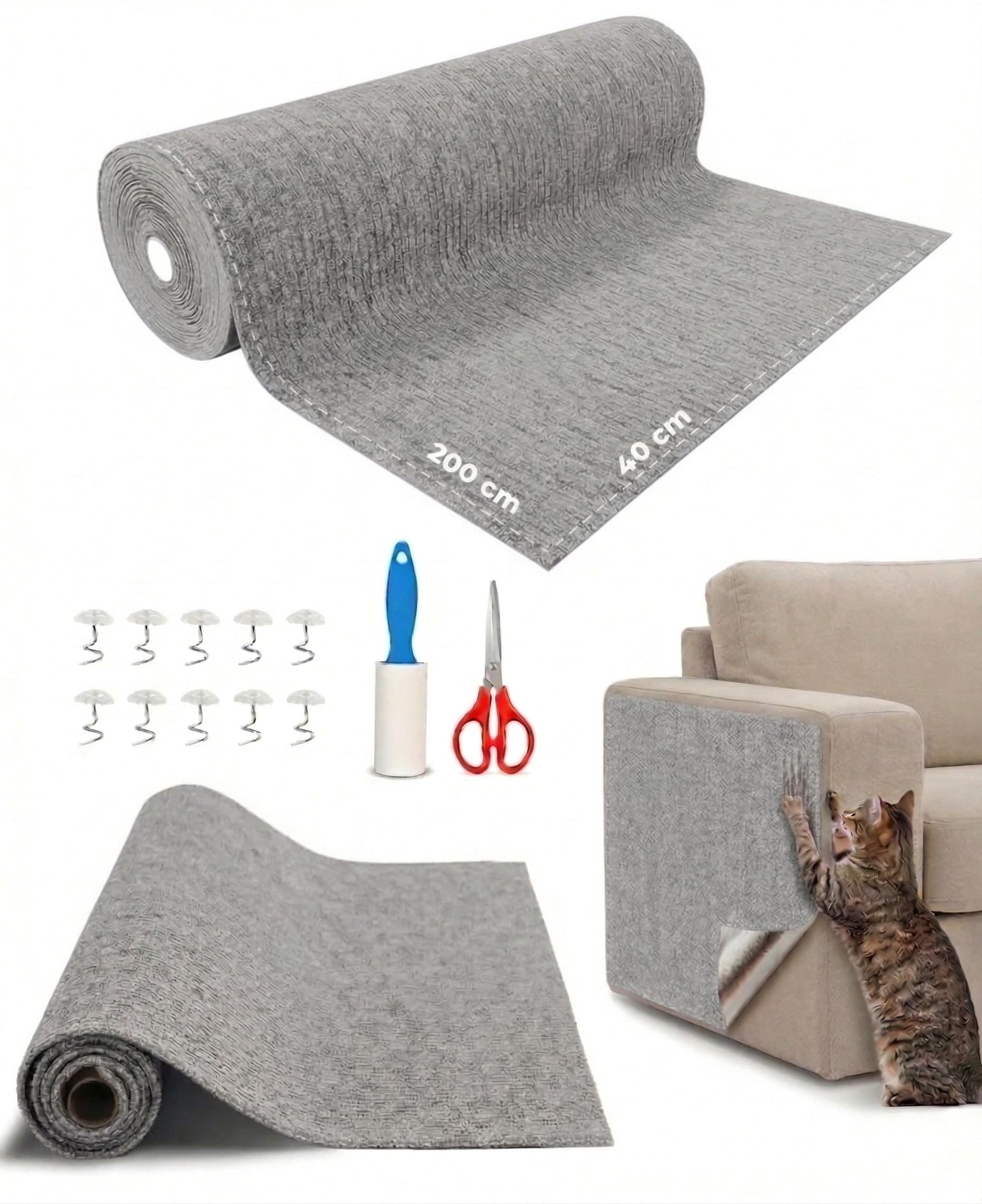 Protector Sofá para Gatos Anti Arañazos – Rascador Sofá Gatos Extra Grande 200×40 cm | Funda Adhesiva para Sofá, Incluye Rodillo Quitapelos, Tijeras y Tornillos (Gris Claro)