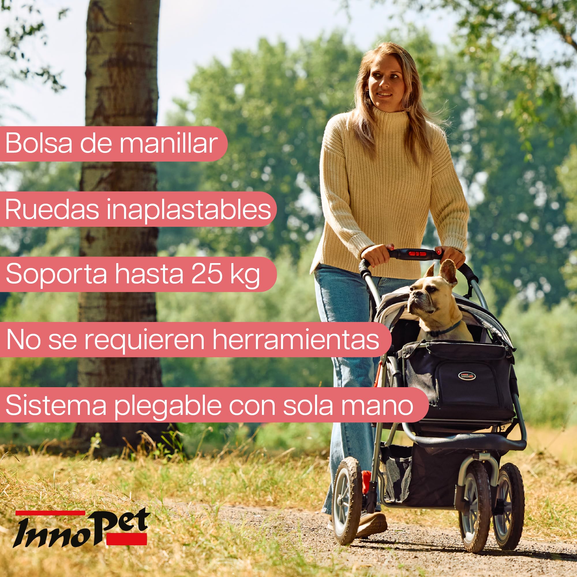 Innopet Carrito para perros Comfort EFA Eco negro/plata - Cochecito plegable para perros y gatos, ruedas EVA antipinchazos, hasta 25kg, 2 correas y cesta inferior