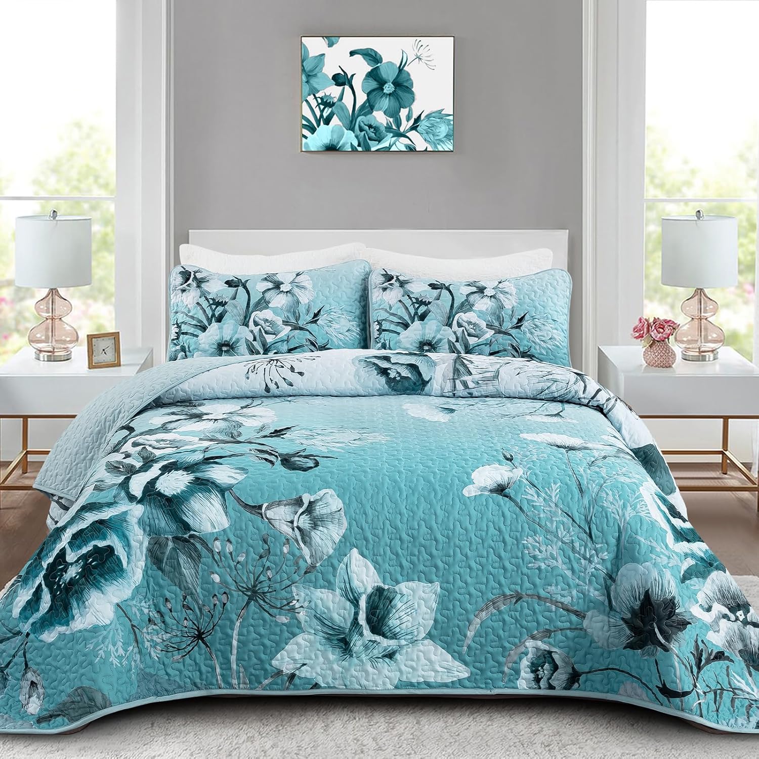 Blue Floral Quilt Set Queen 3 Pieces Boho Flower Quilt Coverlet Set Soft Microfiber Lightweight Floral Quilted Bedspread with 2 Pillow Shams for All Season 90″x96″