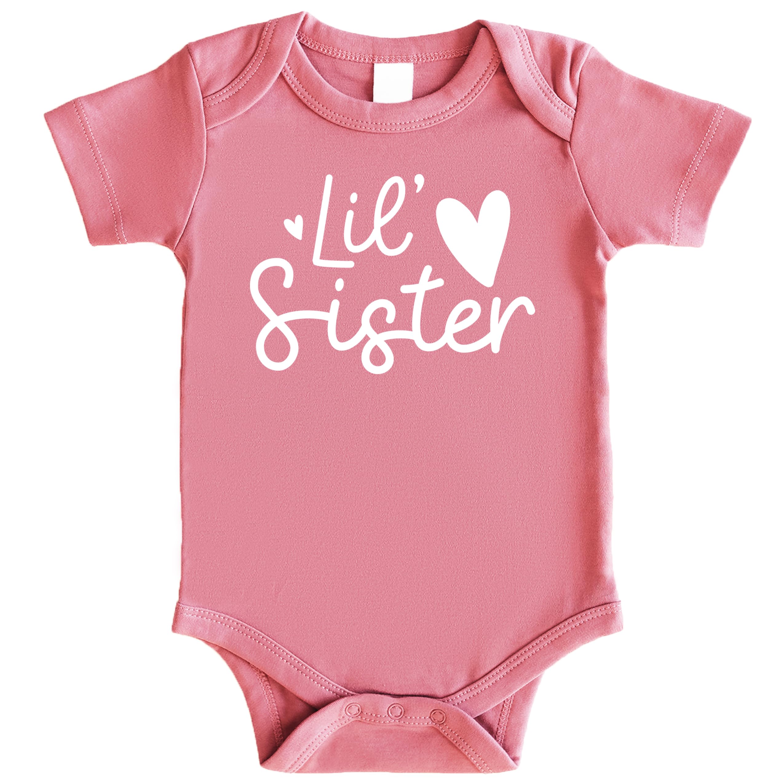 Olive Loves Apple Lil Sister Heart Bodysuit for Baby Girls Sister Sibling Outfits White on Mauve Bodysuit 6 Months