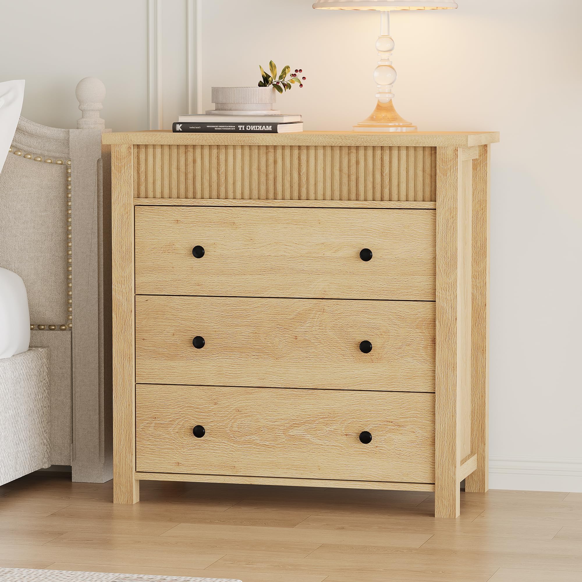 Garvee Comò a 3 cassetti per camera da letto, comodino moderno a coste in legno, cassettiera in legno per camera da letto, soggiorno, corridoio, 80 x 40 x 81 cm, rovere naturale