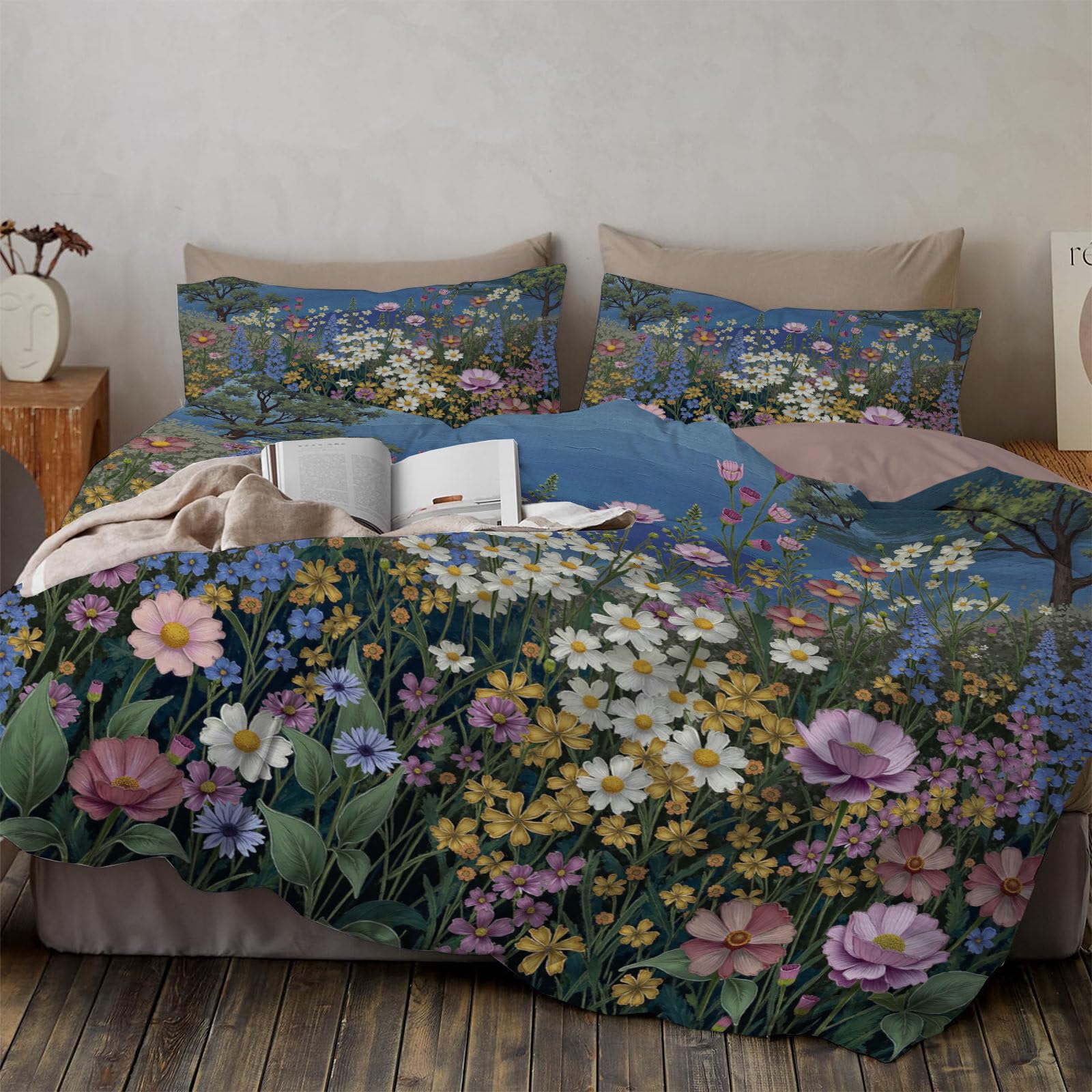 Housse de couette 140x200 anti-plis fleurs du lac fermeture éclair