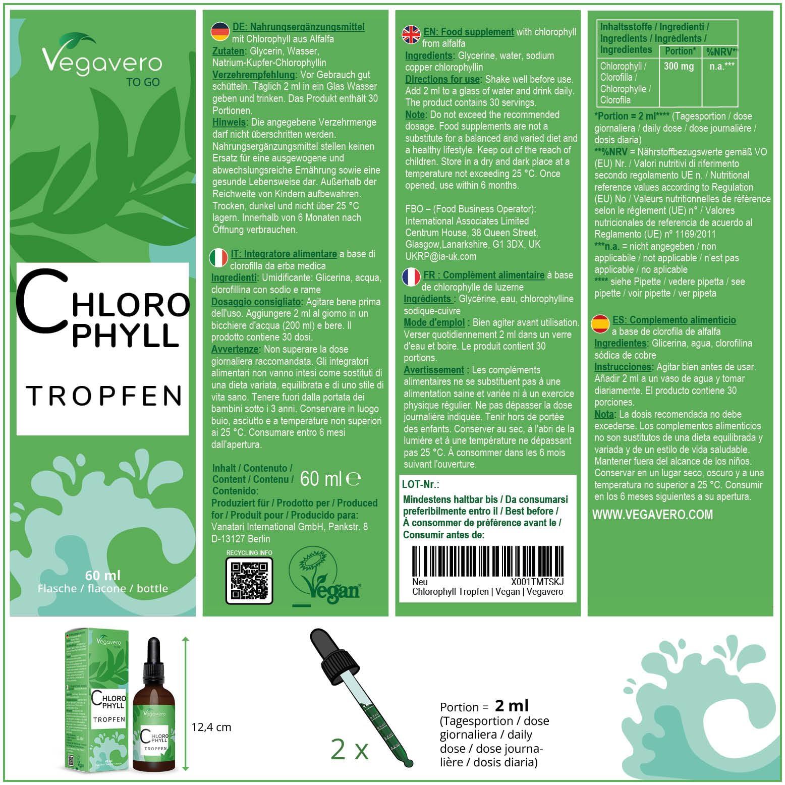 Chlorophylle Liquide en Gouttes | Dosage Elevé : 300 mg | Flacon 60 ml | Detox + Digestion | Source Naturelle : Luzerne | Sans Arômes ni Additifs | VEGAN | Vegavero®