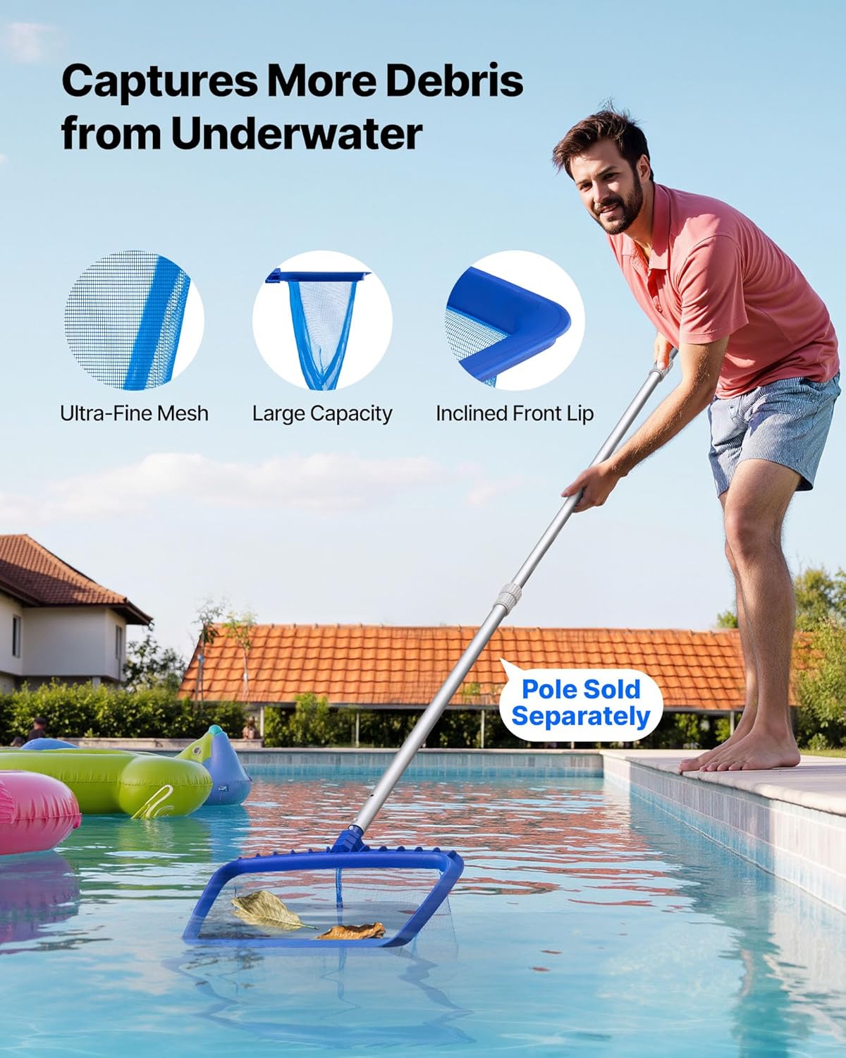 VEVOR Swimming Pool Cleaning Kit, Includes 2 Detachable Brush Heads (20 Inch / 5.5 Inch) and 2 Pool Skimmer Nets, 4-in-1 Inground/Above Ground Pools Cleaning Tools Set for Leaf, Fine Mesh, No Poles