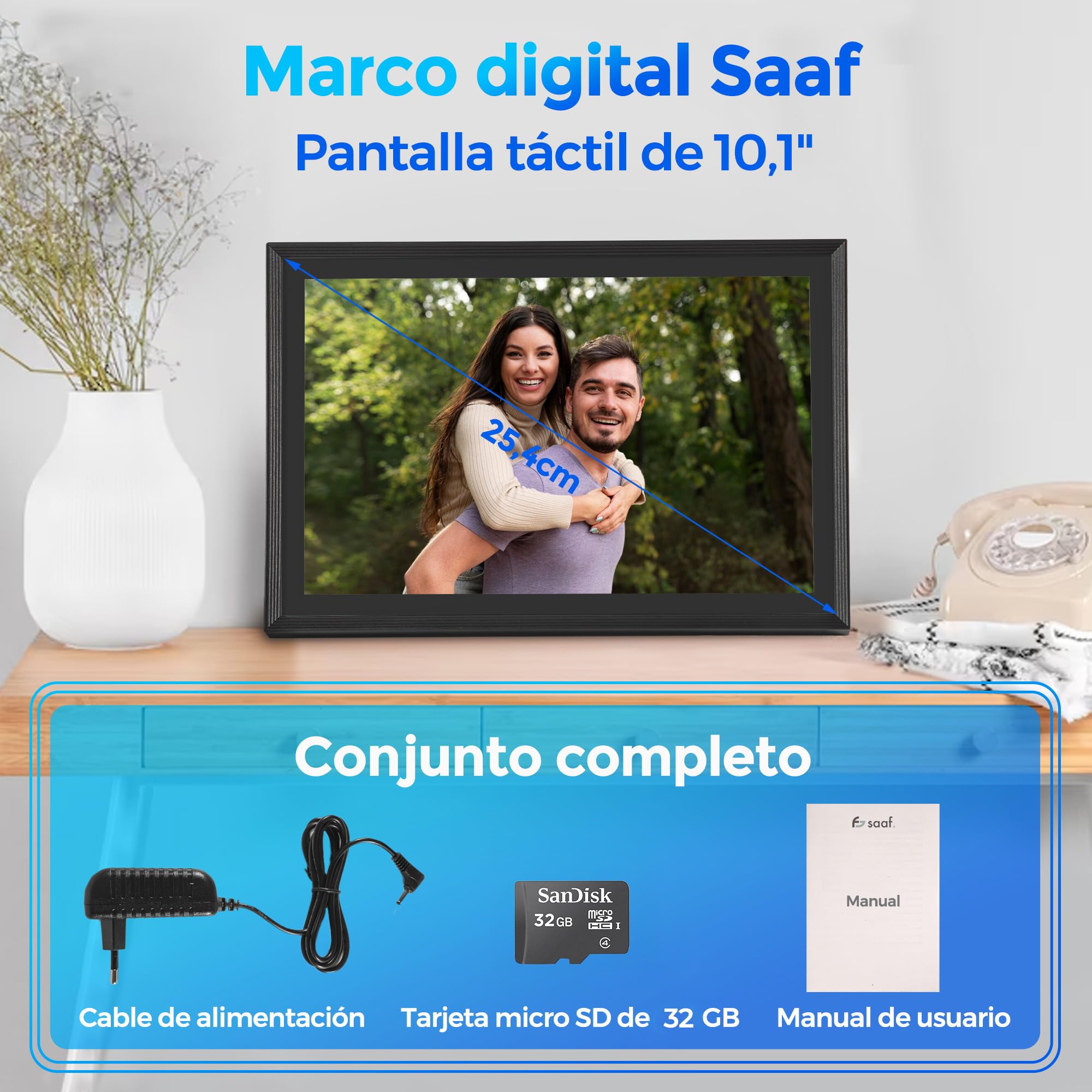 Saaf Marco de Fotos Digital – Pantalla Táctil 10,1" – WiFi & App ‘Uhale’ – 64GB Almacenamiento (32GB Interno + 32GB SD) – Marco Digital – Negro – Fácil de Usar