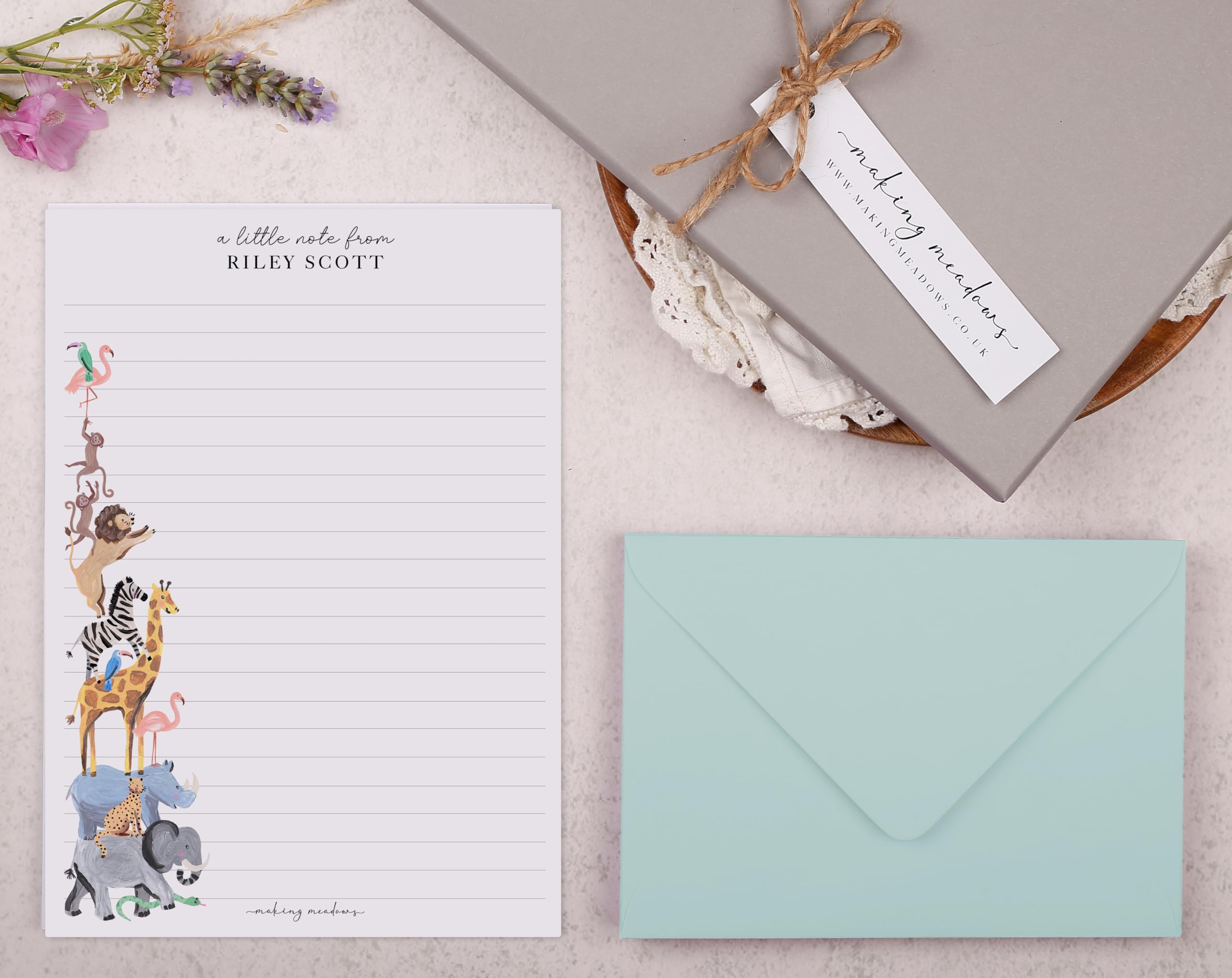 Making Meadows A5 Personalised Writing Sets for Children, Lined Letter Writing Paper and Envelopes Set in Zoo Animal Design (20 Sheets & 10 Envelopes)