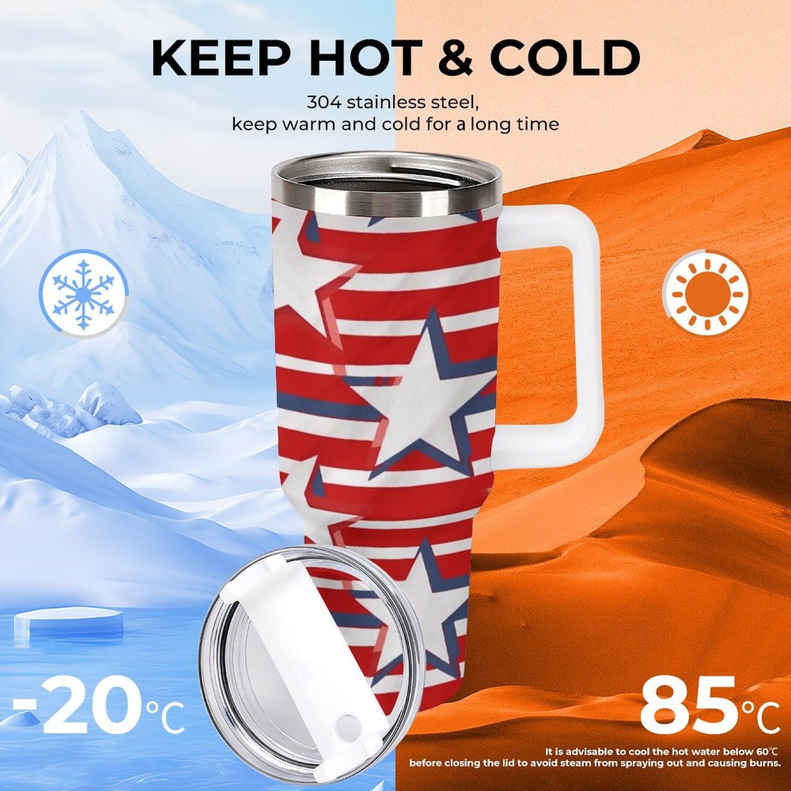 Kaffeetasse mit Strohhalm und Griff, doppelwandig, Vakuumisolierung, Wasserflaschen für Eiskaffee, Tee, heiße und kalte Getränke, Rot / Weiß