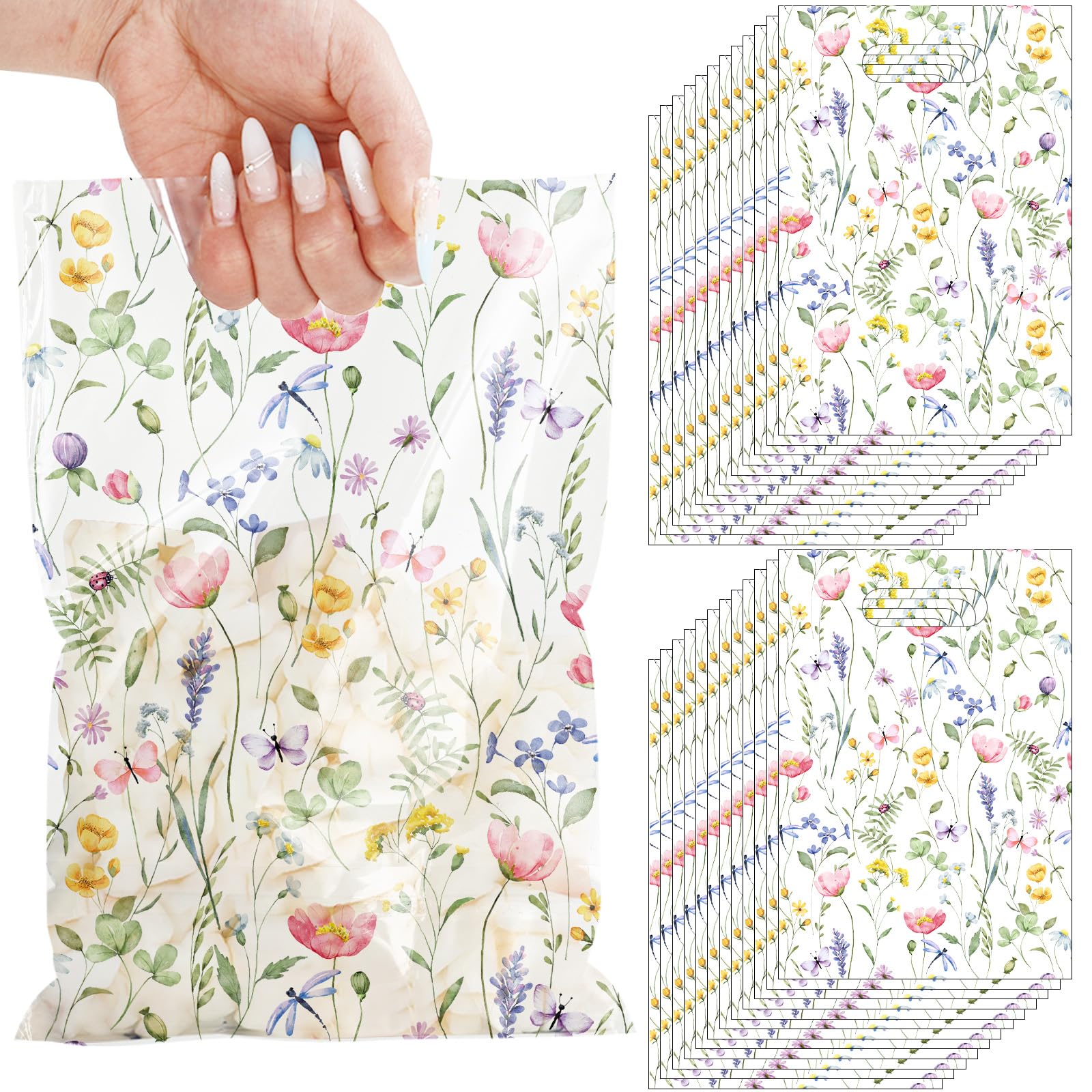 JarThenaAMCS 50Pcs Wildflower Theme Favor Bag Floral Plastic Treat Bags with Handles Clear Candy Goodie Bags for Spring Wedding Birthday Baby Shower