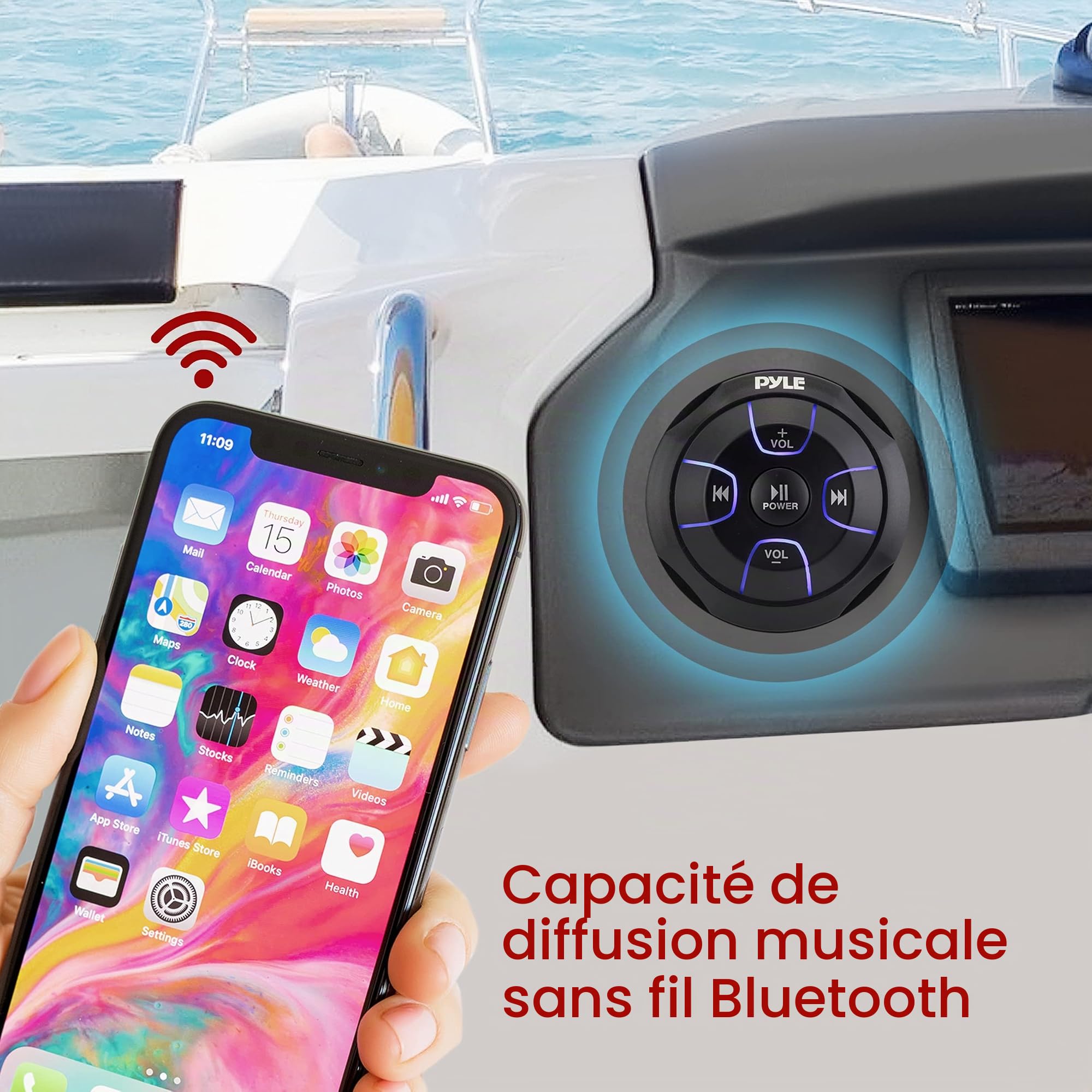 Pyle Kit d'amplificateur marin Bluetooth compact – Ampli audio à 2 canaux étanche | Streaming de musique sans fil | Entrée AUX/RCA/MP3 | Câblage de haut-parleur | 600 W max (PLMRMBT5B)