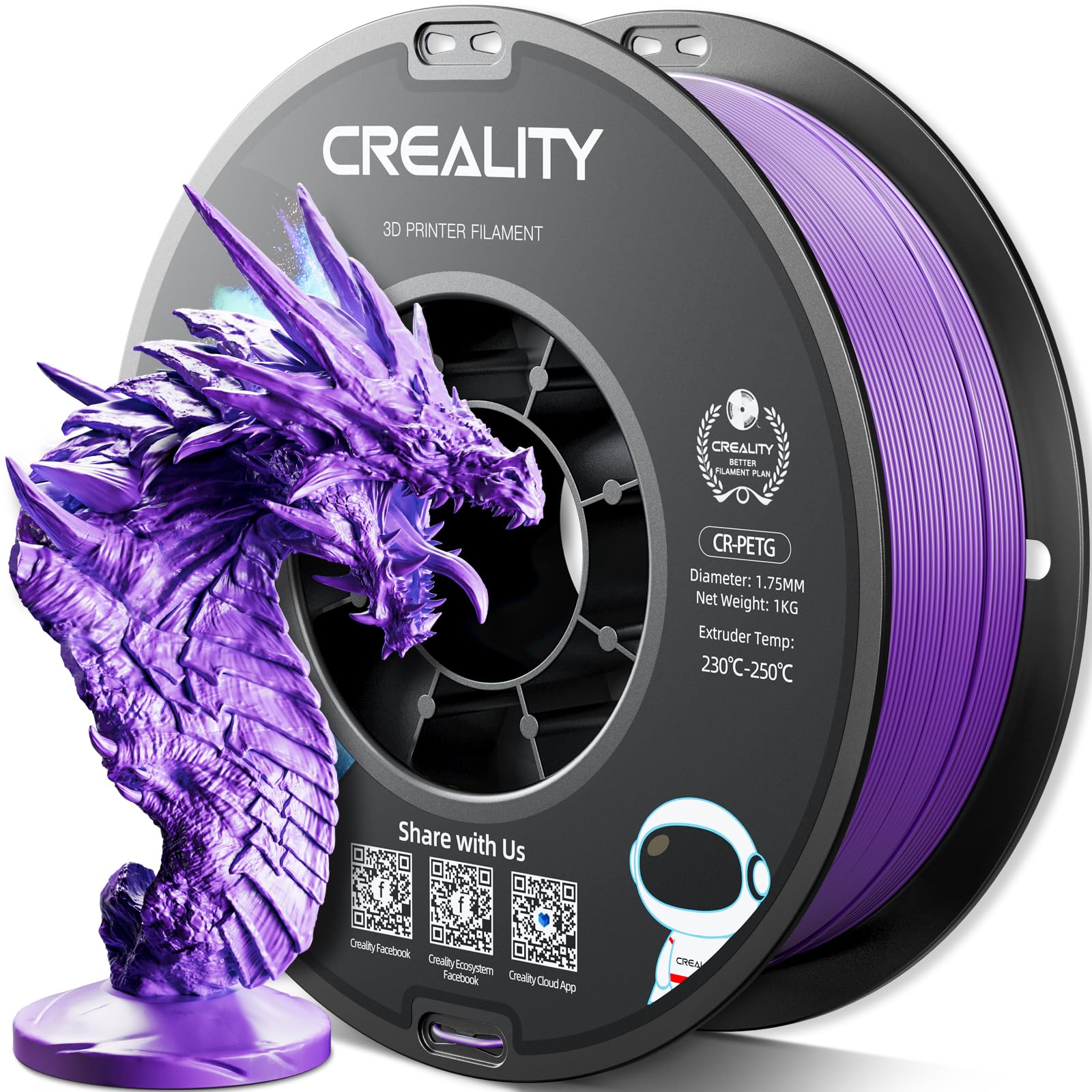 Official PETG 3D Printer Filament 1.75mm 1KG (2.2lbs), High Precision Strong Toughness, Odorless Better Flow Moistureproof 3D Printing Ender Filament(Purple)
