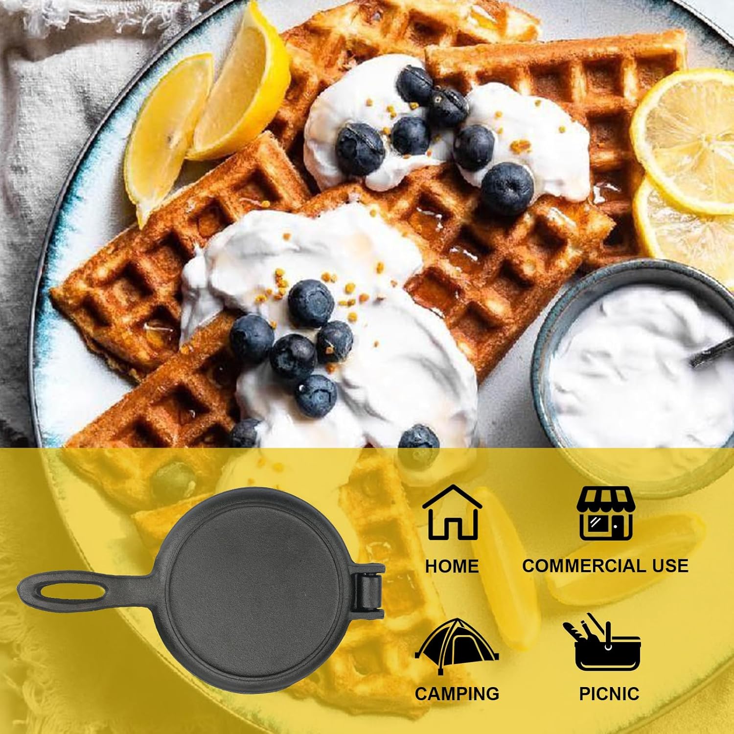 Cast Iron Waffle Maker for Stovetop or Grill, 7 inch Round Waffle Iron, Two Piece Hinged Non-Electric - Quick Heating, Easy Clean