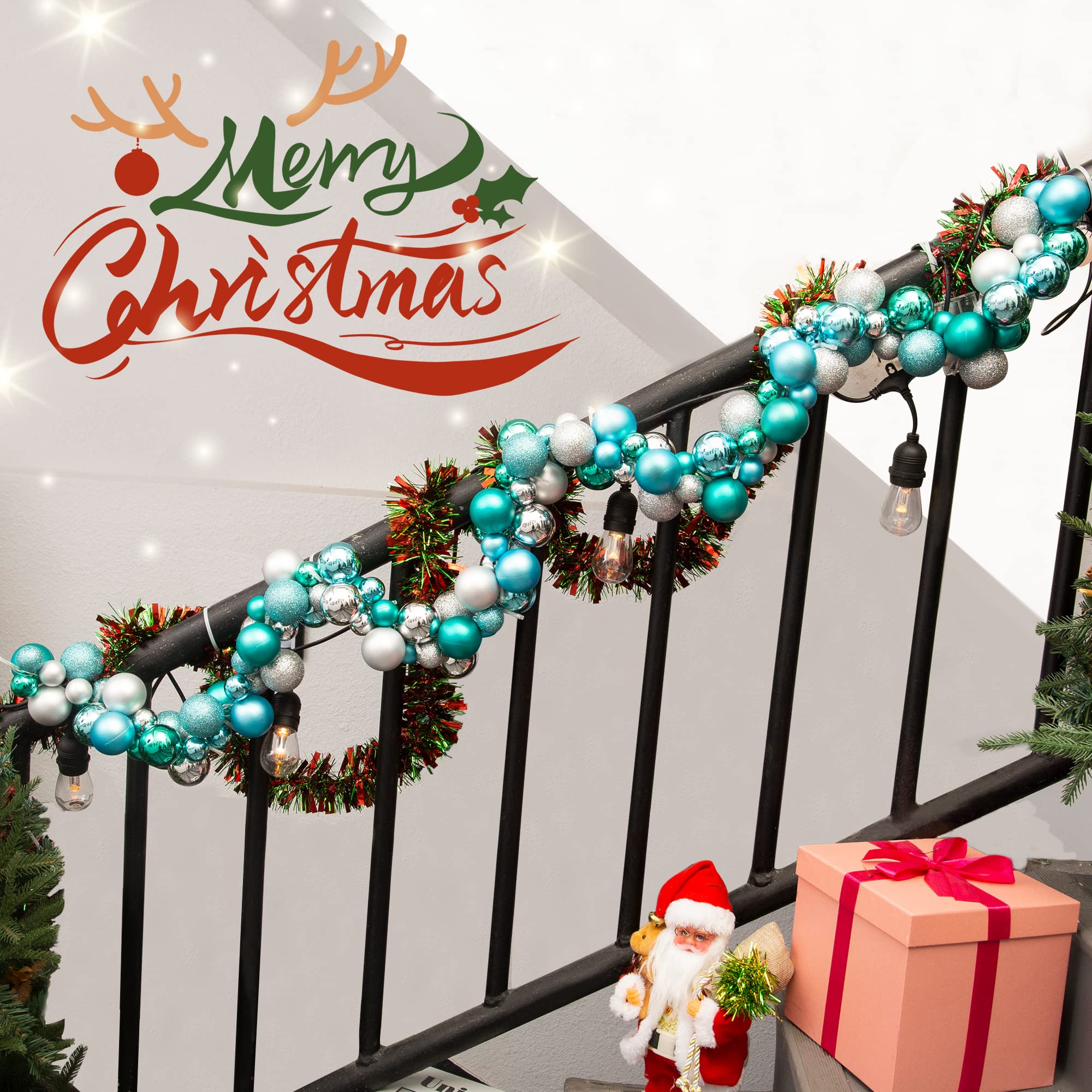 Amooca Ghirlanda di palle di Natale con luci a LED 1,8 m decorazione da parete decorazione da appendere ornamento albero di Natale decorazione per la casa festa blu argento