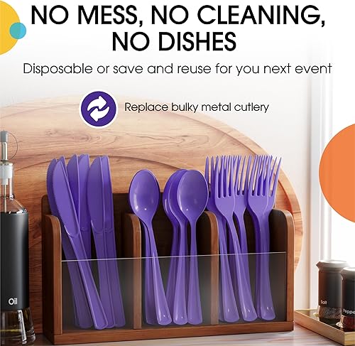 Miniatura 6 de Exquisite Cuchillos de plástico morados, 50 piezas, cuchillos morados, utensilios desechables, juego de cubiertos de plástico resistente, juegos de