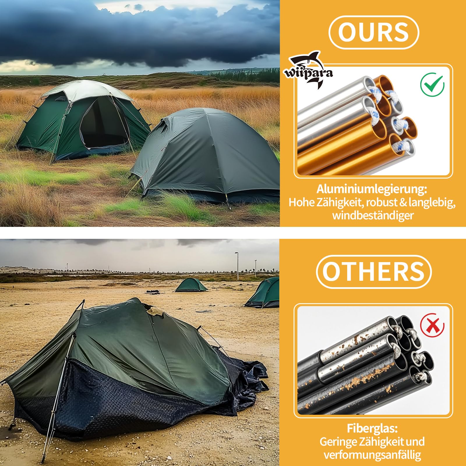 Zeltstangen 2 Stück Faltbare Camping Ersatzstangen für Zelte | Universelles Zeltgestänge mit Tasche, Kompakte Outdoor-Stützstangen Ersatzgestänge für Camping, Wandern und Rucksackreisen