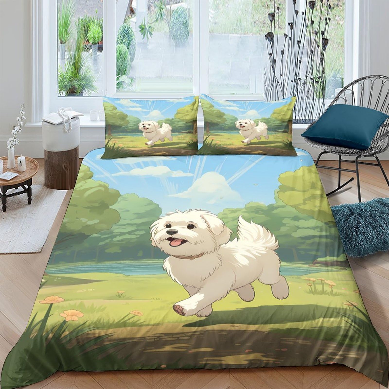 Ctjqhvkz Style-2 3D Printed White Puppy Running Fitted Sheet Microfiber Soft Green Meadow Bed Cover For Bedroom Guest Room Decor Single（135X200cm）