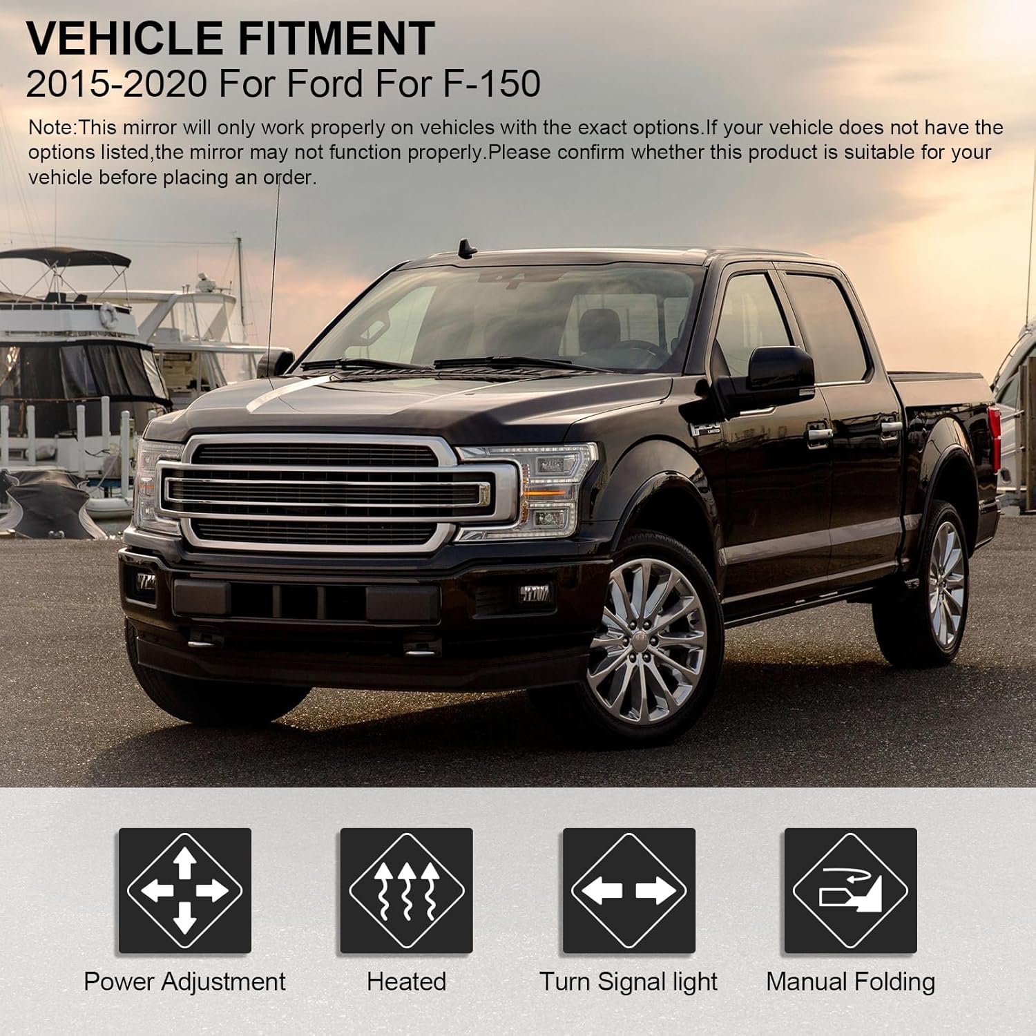 Power Heated With Turn Signal Left+Right Left Driver Right Passenger L&R Side Towing Mirrors For 2015 2016 2017 2018 2019 2020 15-20 For Ford For F150 Pickup Truck with Black Housing Manual Folding